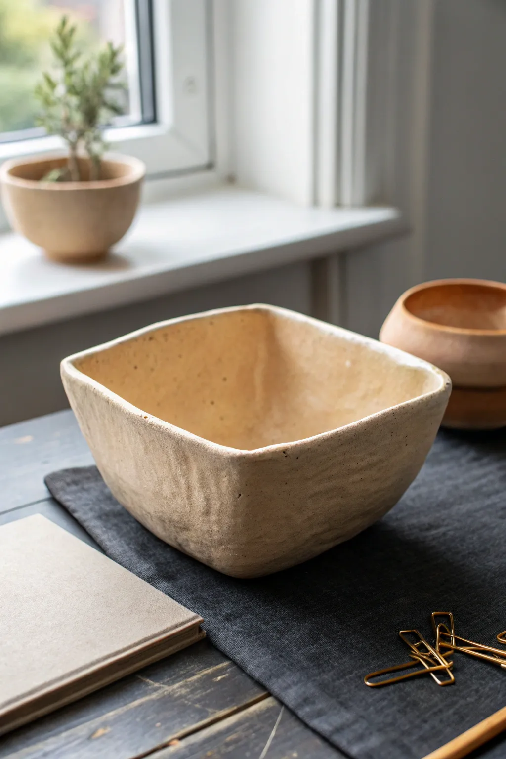 Soft square pinched-corner bowl in warm clay tones, a minimalist desk catch-all for clips.