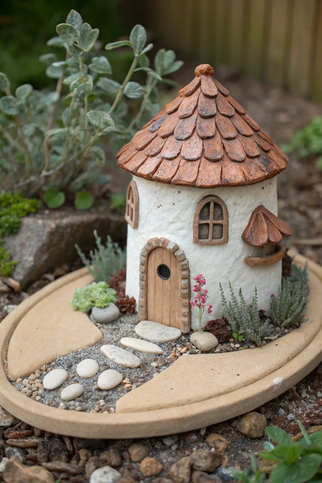Minimal fairy garden clay house on a simple base, with pebbled path and tiny plants