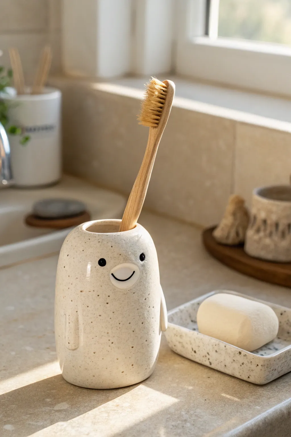 A sweet smiling clay creature toothbrush holder that adds minimal boho charm to your sink