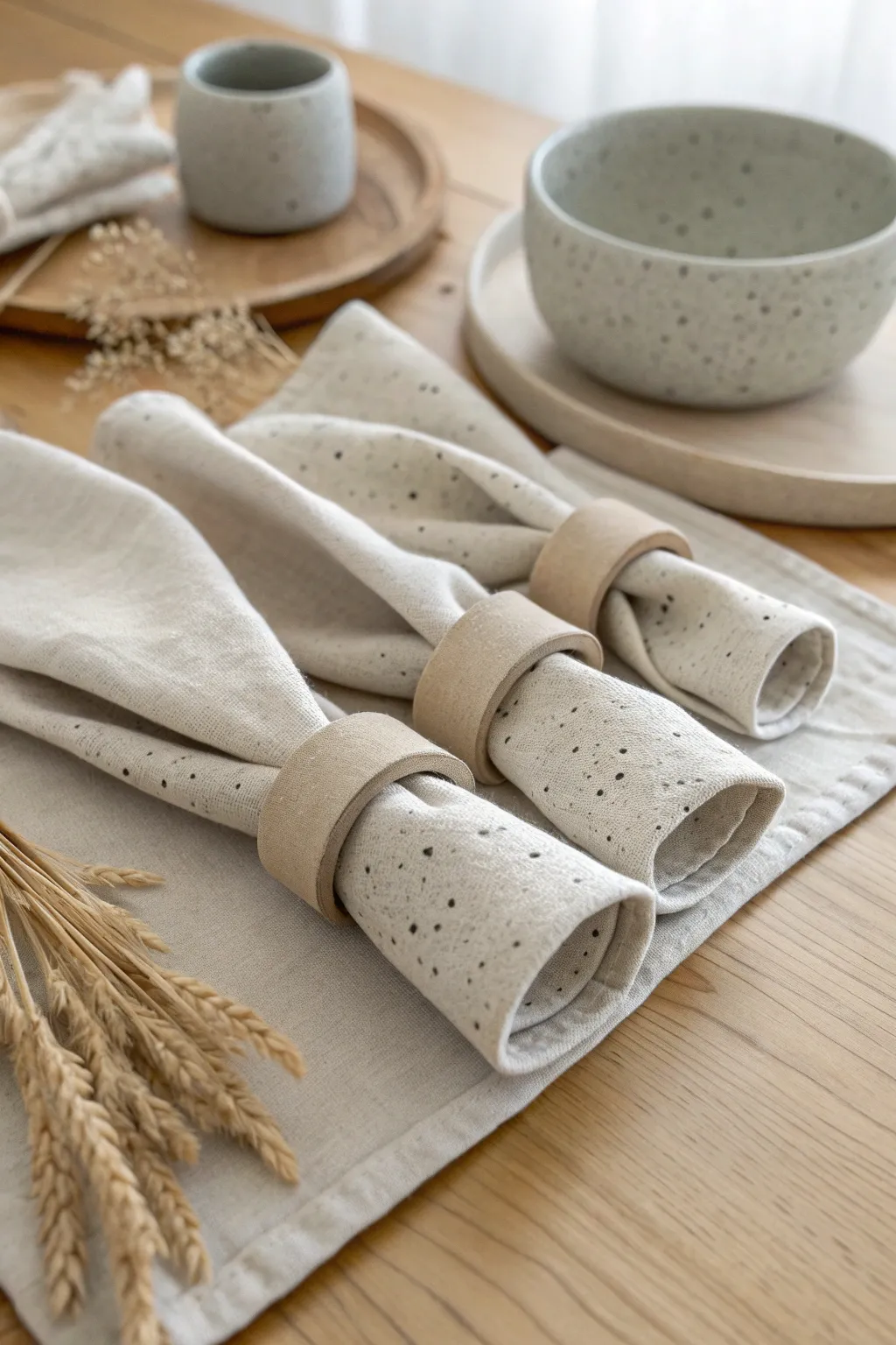Neutral clay napkin rings on linen, minimalist boho table styling for easy adult clay ideas