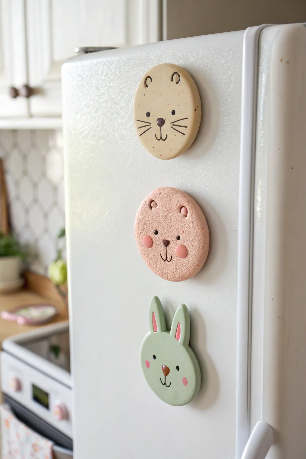 Soft pastel cat, bear, and bunny clay face magnets with minimalist Scandinavian charm