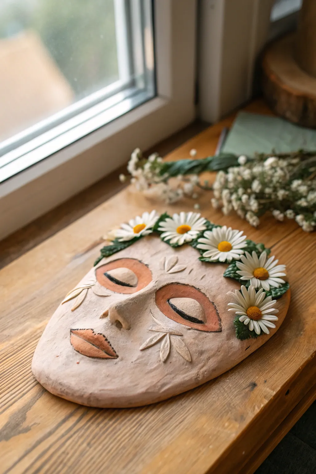 Soft earthy flower crown clay mask on warm wood, minimal Scandinavian boho charm for easy DIY
