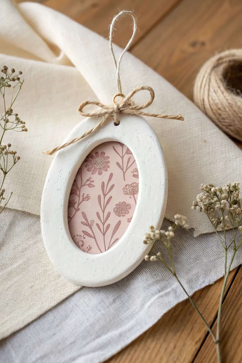 Minimal cut-out clay frame ornament with ribbon hanger and patterned insert, simple and cozy.