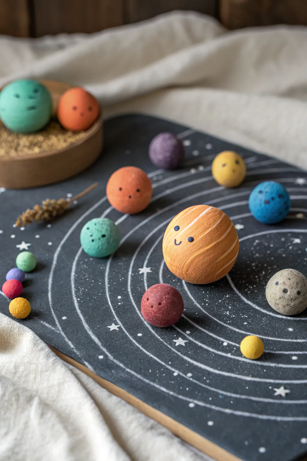 Mini solar set in bold clay colors, with a ringed planet and tiny faces on a dark backdrop.