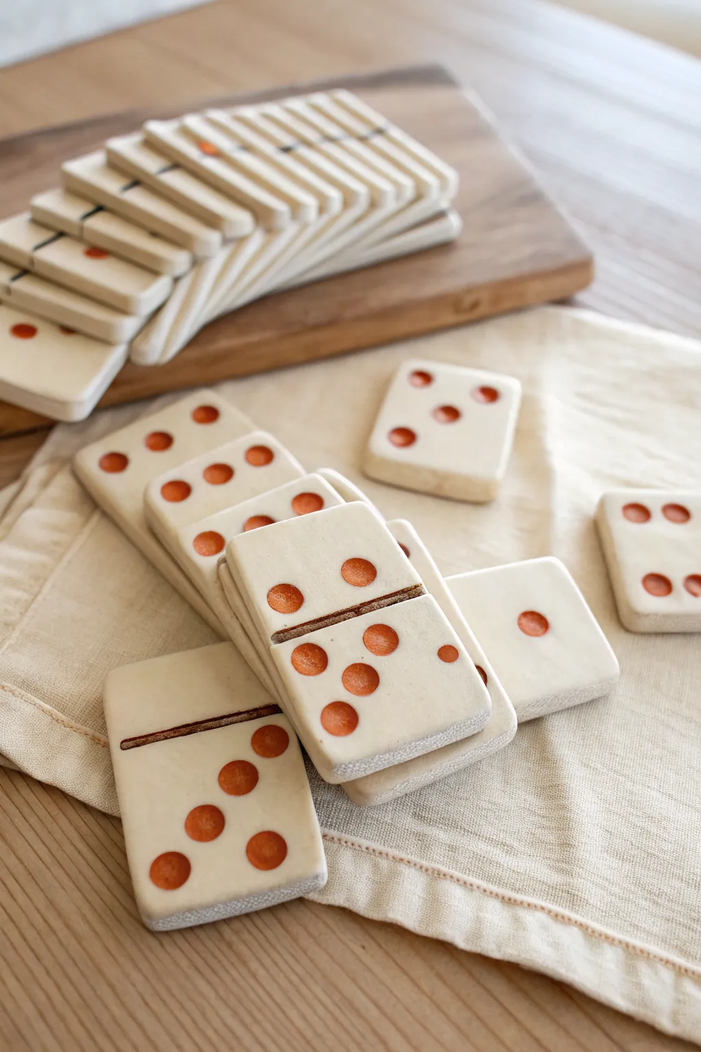 Minimal clay domino tiles in soft neutrals, neatly stacked and ready for easy kid friendly play
