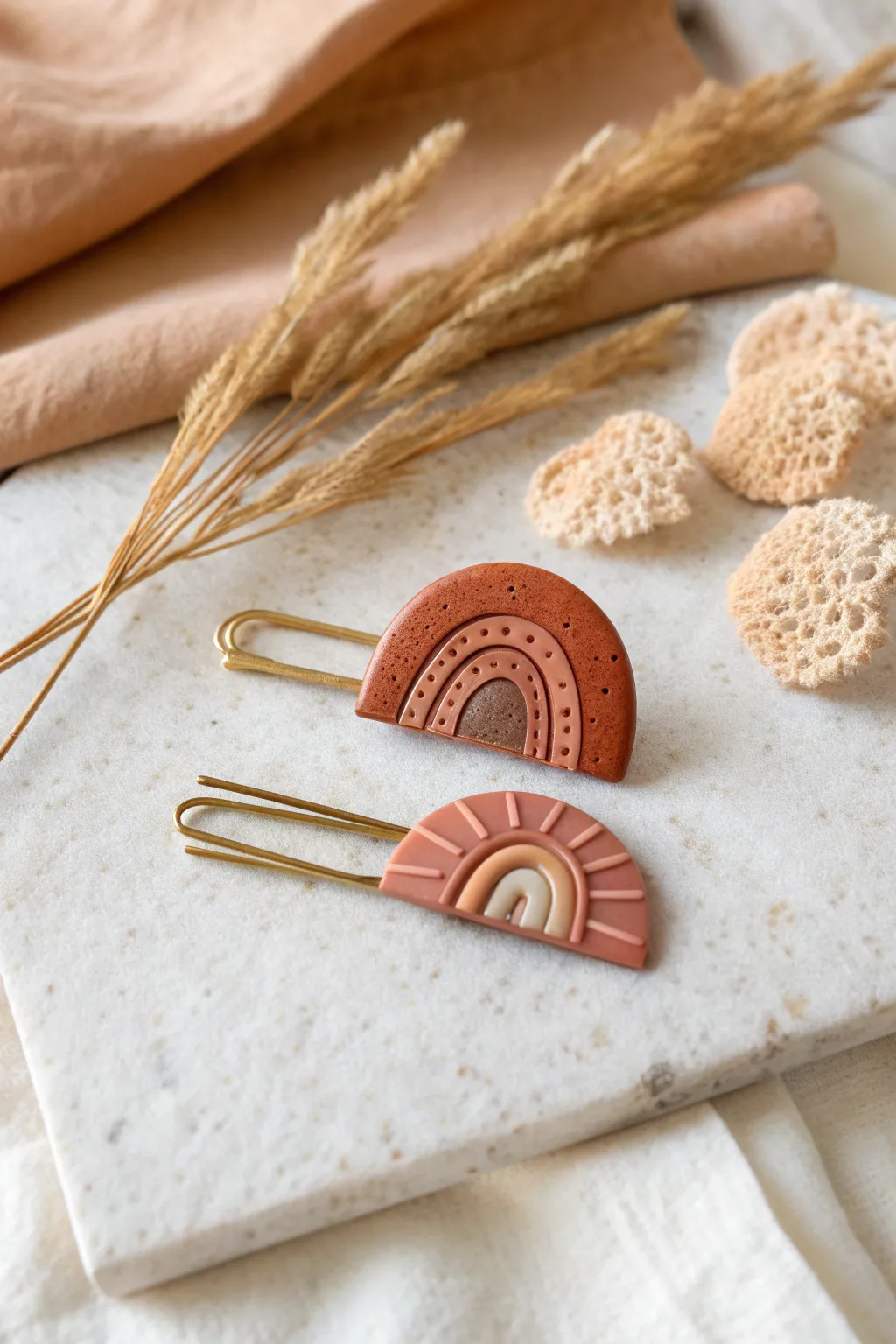 Easy abstract polymer clay hair clip toppers in soft, coordinated colors and clean minimal style