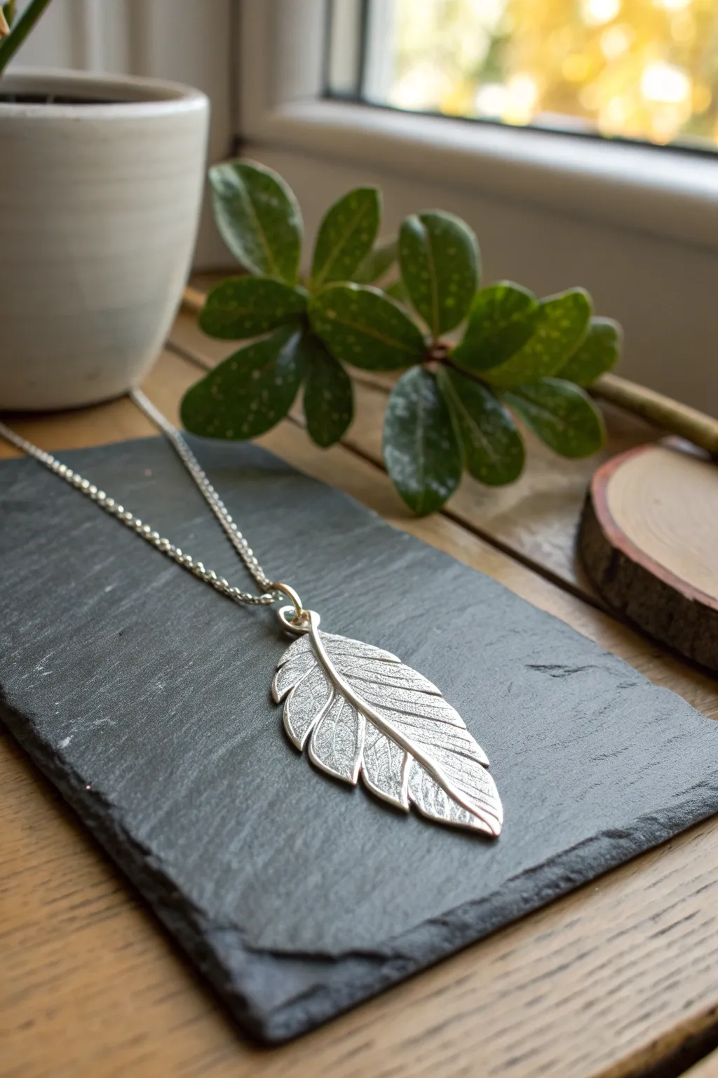 Minimal silver clay leaf pendant with bold negative space cutout, simple texture, and moody contrast.