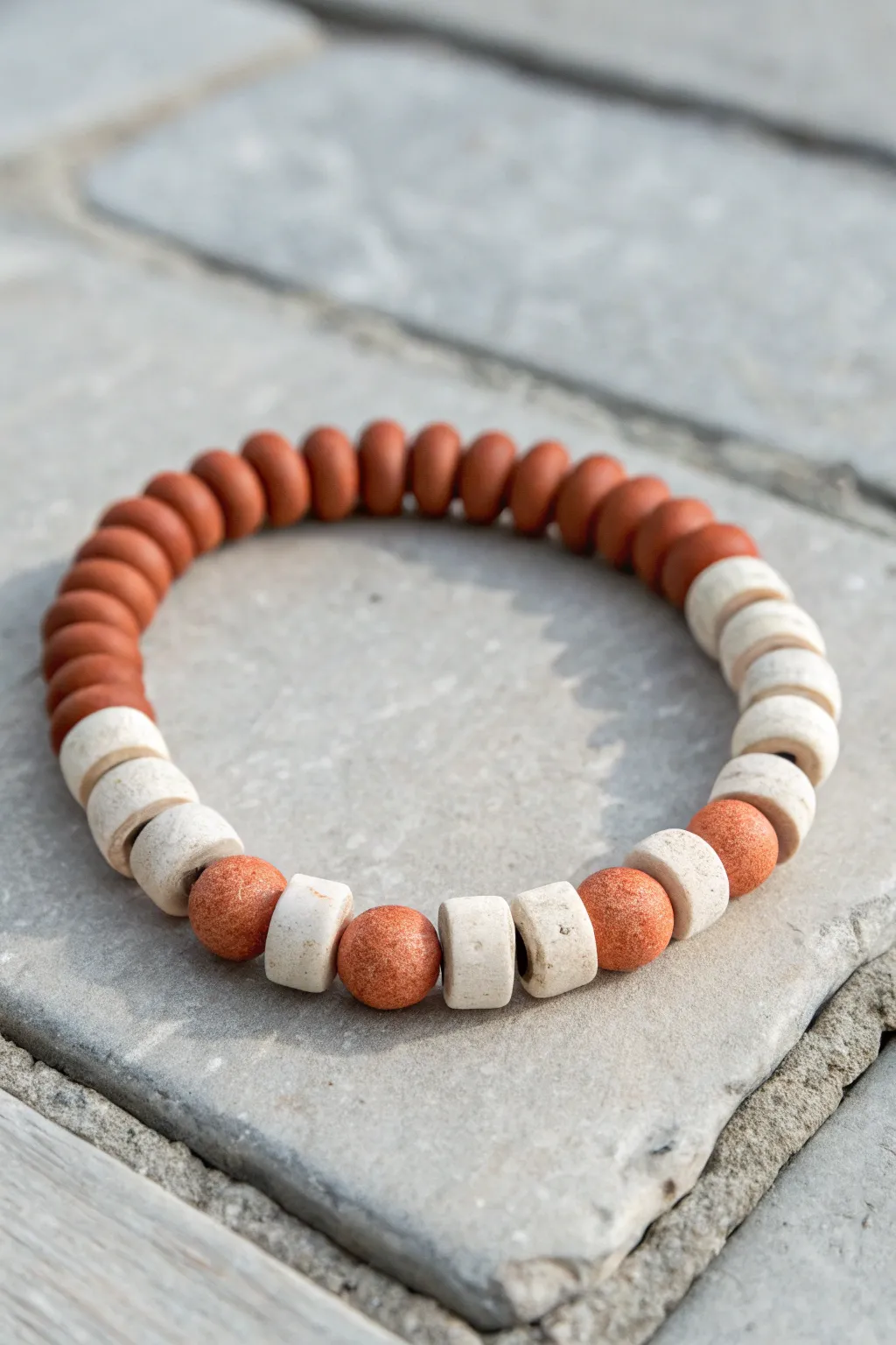 Minimal clay bracelet with disc and tube beads, clean Scandinavian boho texture contrast.