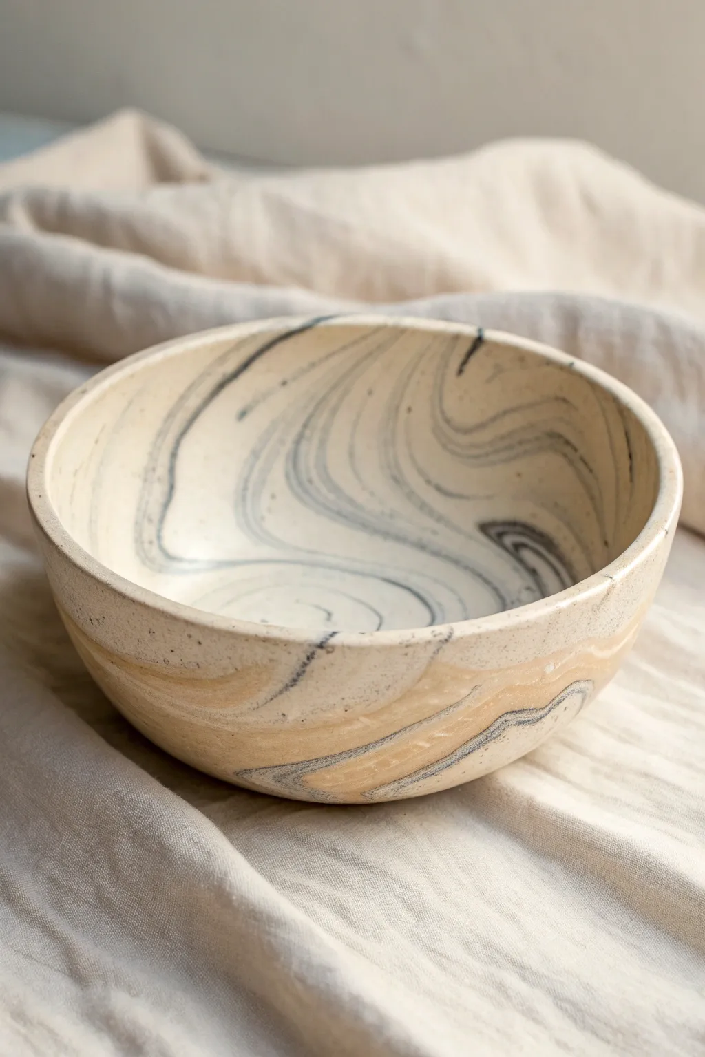 Softly swirled marbled slab bowl in neutral tones, minimalist styling with warm natural contrast.