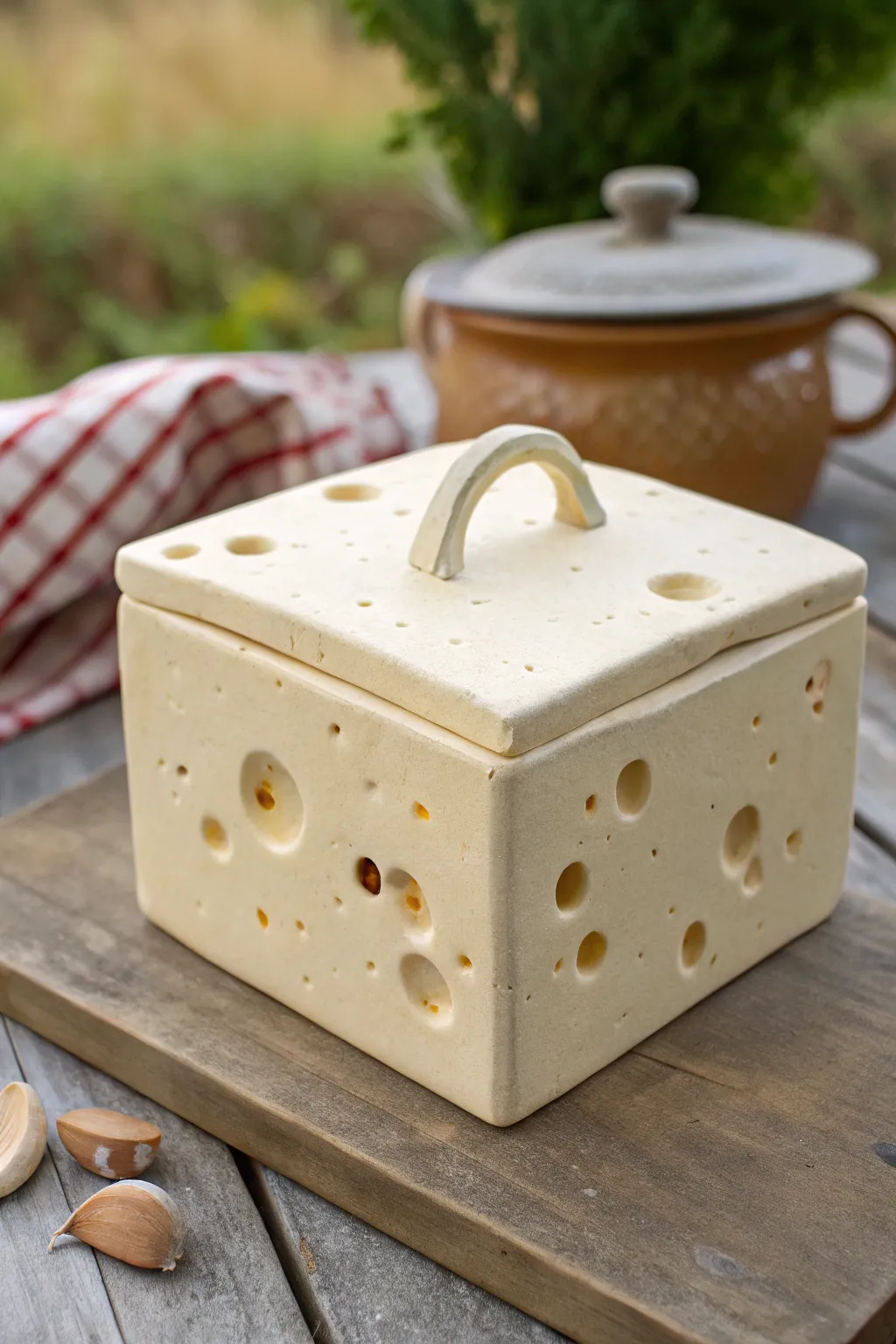 Whimsical cheese slab box, chunky and minimal, with pressed holes and a tiny lid handle.