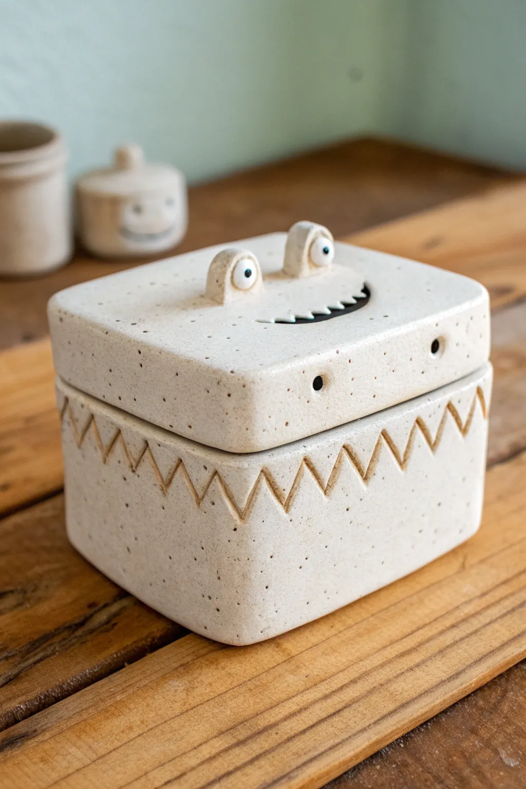 Minimal monster slab box with zig-zag mouth and tooth cutouts, cute and clean in matte clay