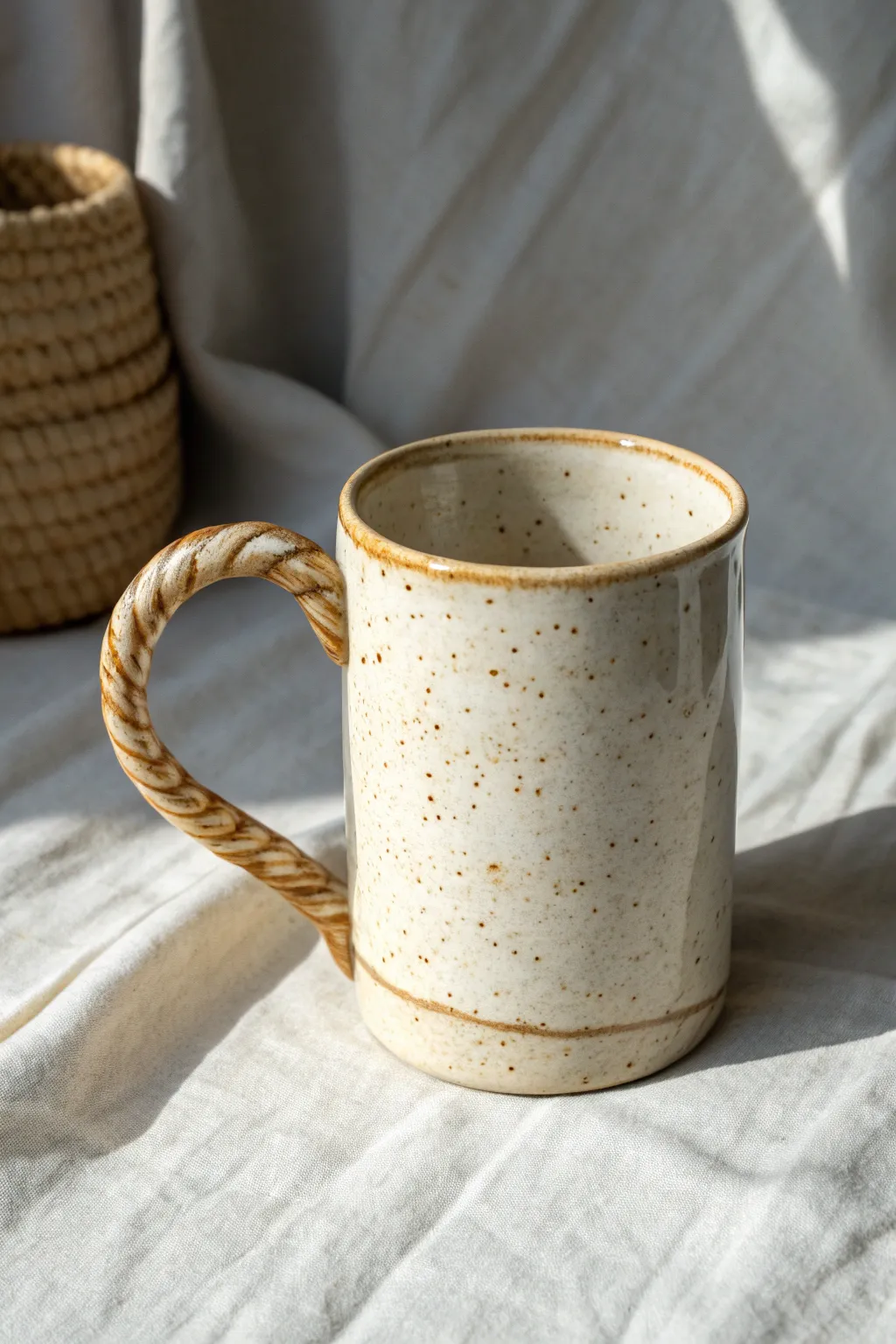 Twisted-handle slab mug with soft glossy glaze, Scandinavian calm with a boho touch.
