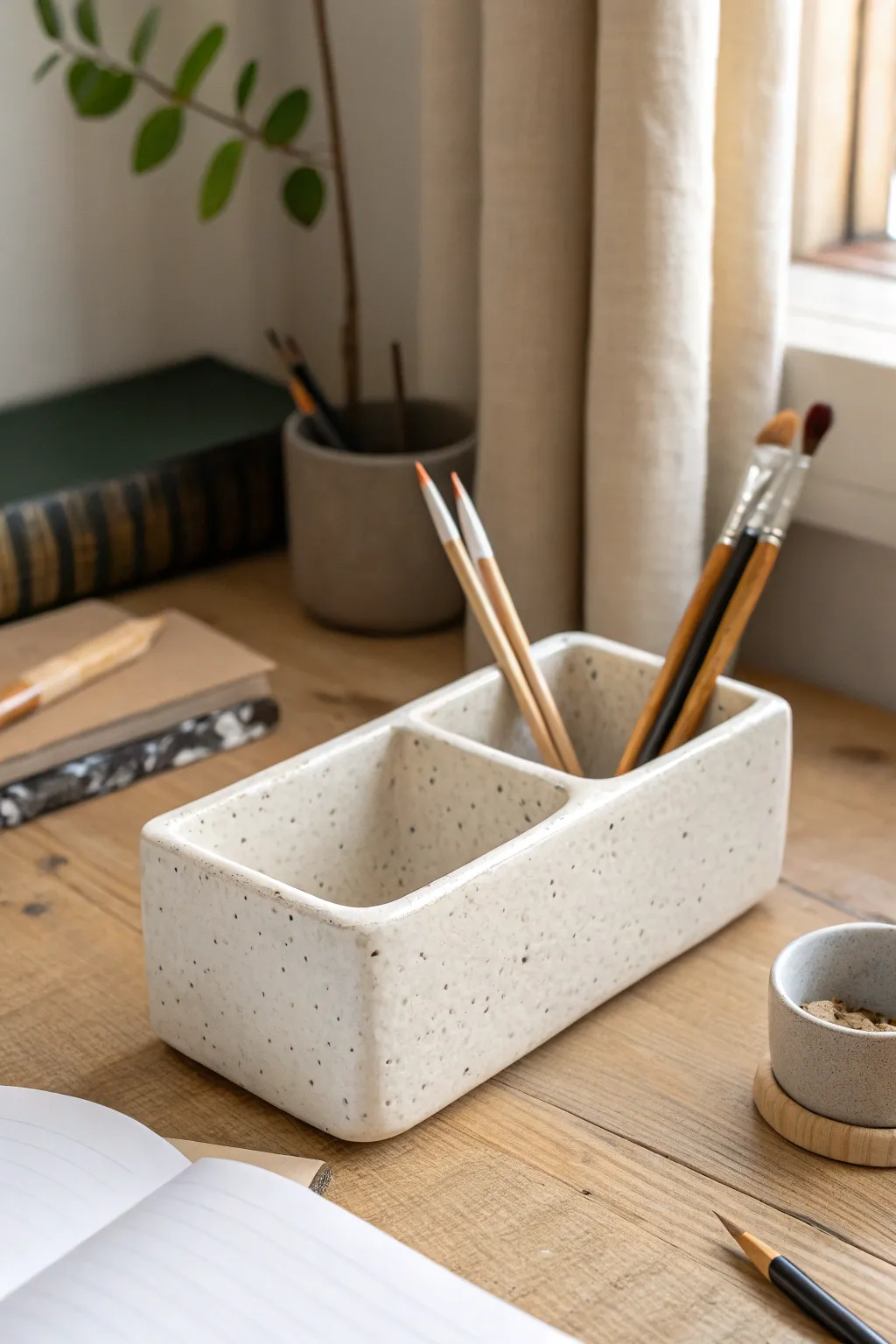 Minimal slab pencil cup with divided compartments for a calm, craft-inspired desktop.