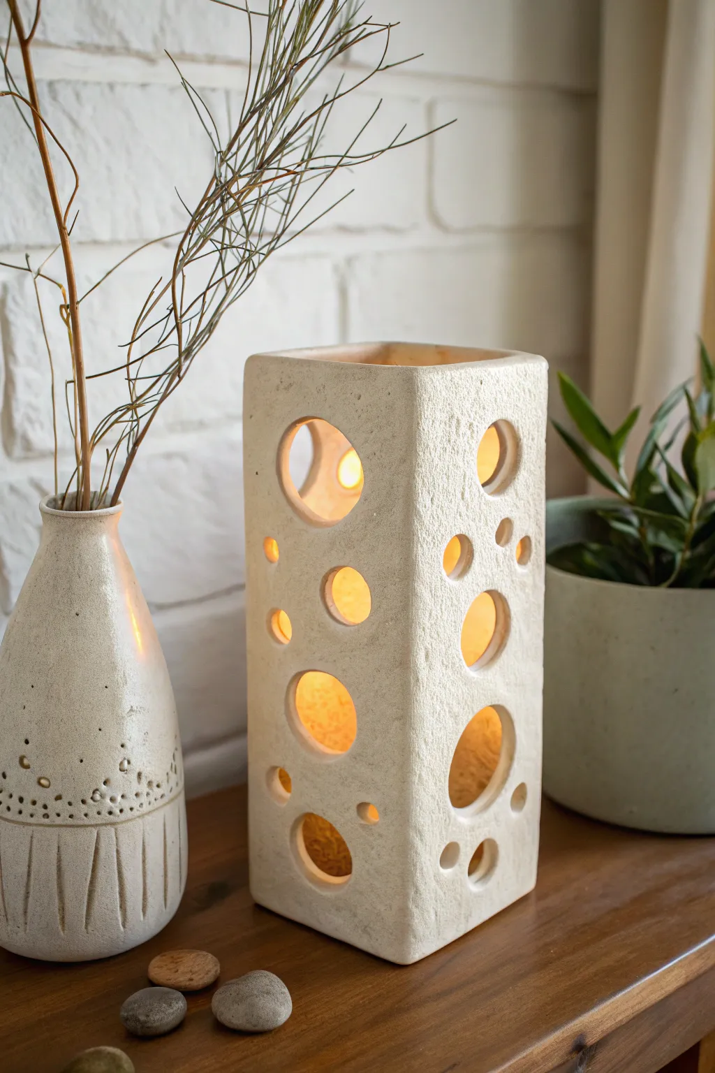 Pierced-window slab vase with a simple inner liner, softly backlit for warm negative space.