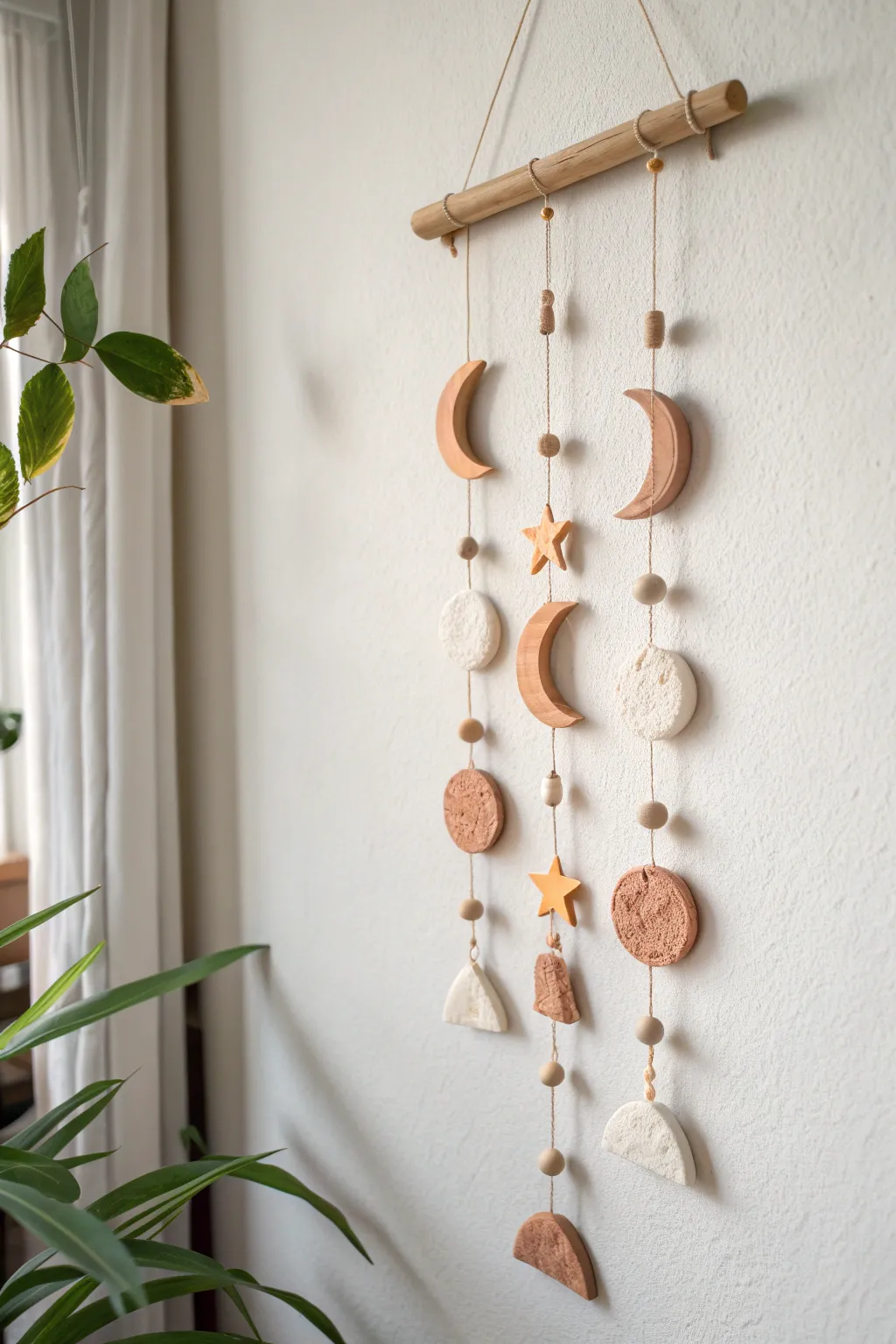 Tiny air dry clay wall mobile with moons and drops in soft neutrals, simple and calming.