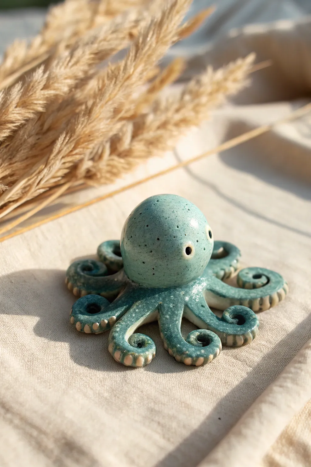 Teal mini clay octopus with curled arms, a cute minimalist ocean-inspired pottery idea