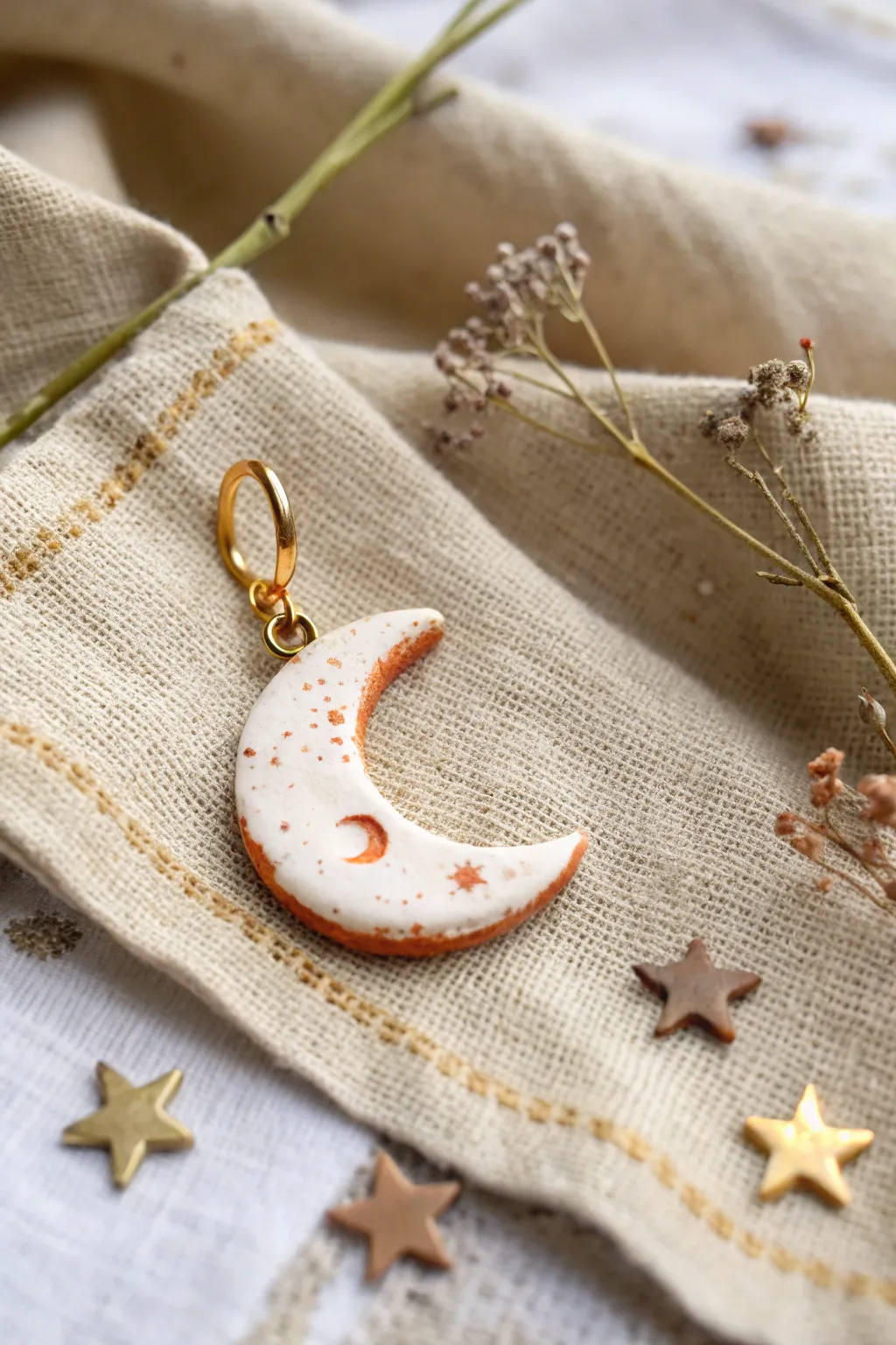 Tiny handmade clay pendants in soft neutrals, minimal and boho, perfect for charming DIY gifts.