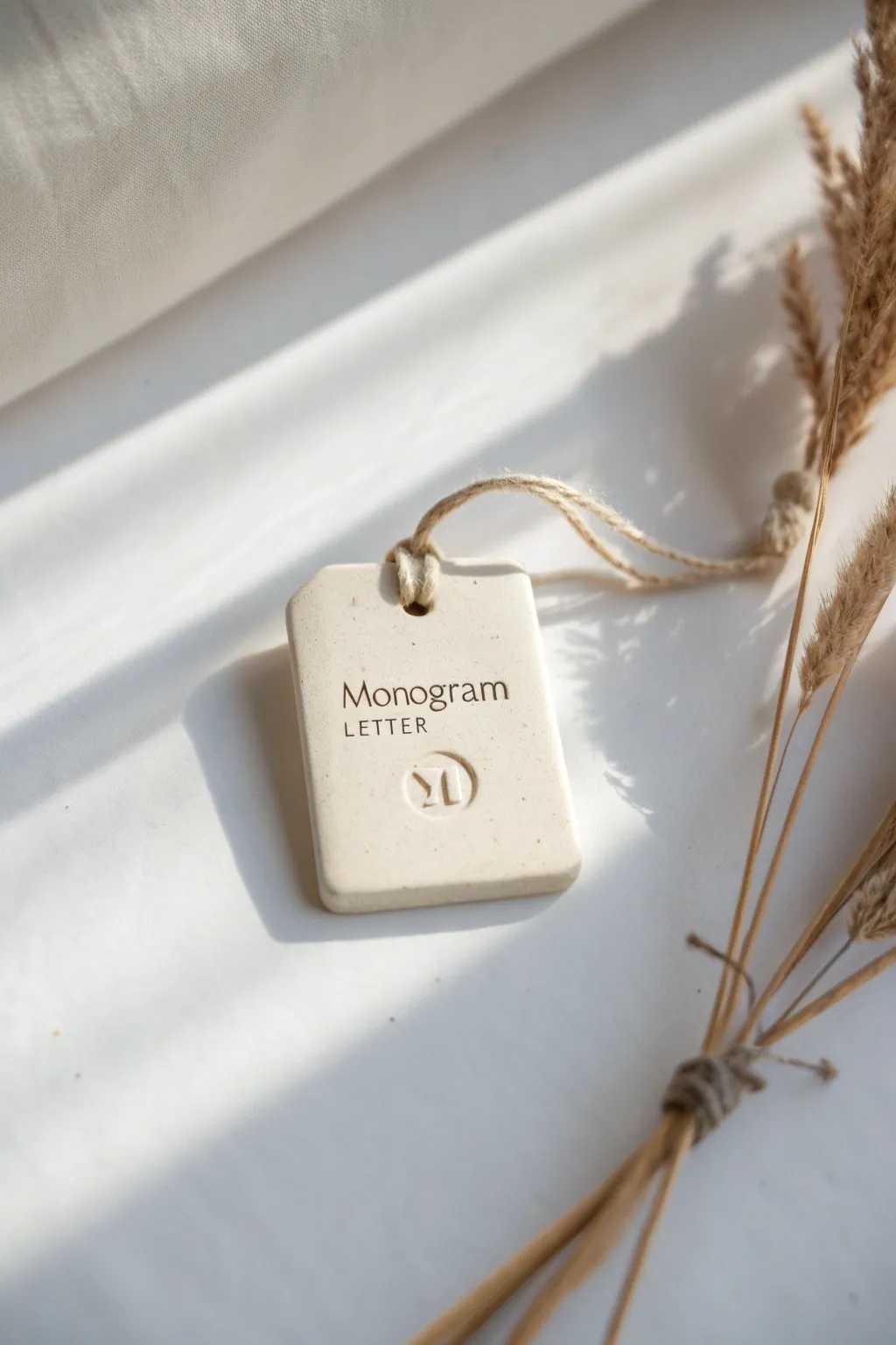 Minimal stamped clay gift tag with linen twine and soft shadows, simple handmade charm