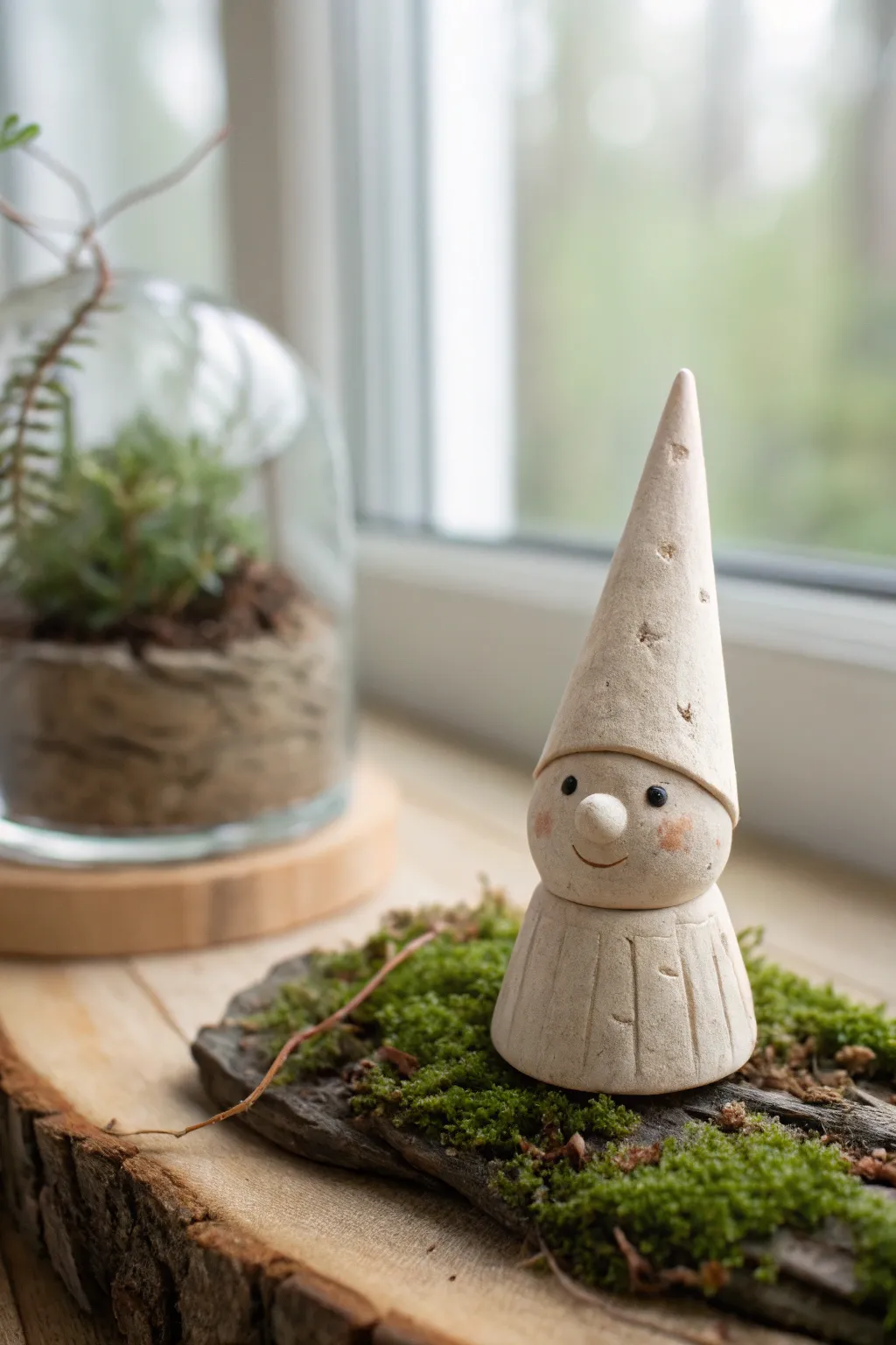 Tiny cone-hat terrarium gnome in soft Nordic light, an easy clay figure for a mini garden