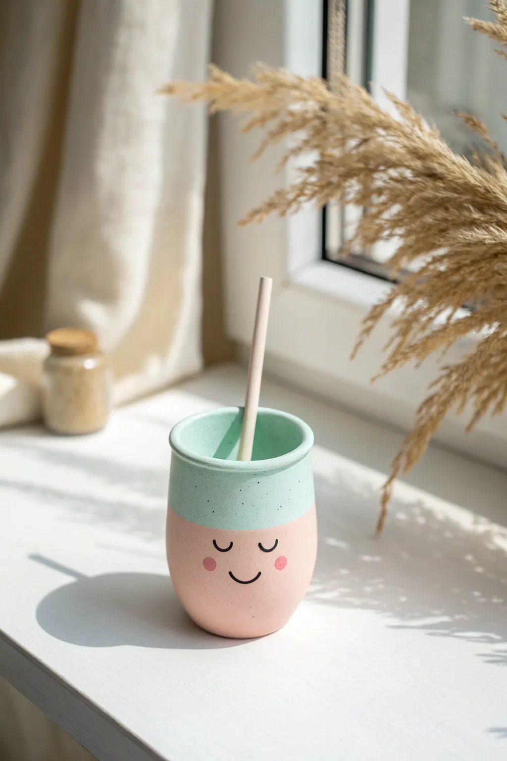Tiny happy cup-and-straw figurine in translucent pastels, minimalist clay charm for your shelf