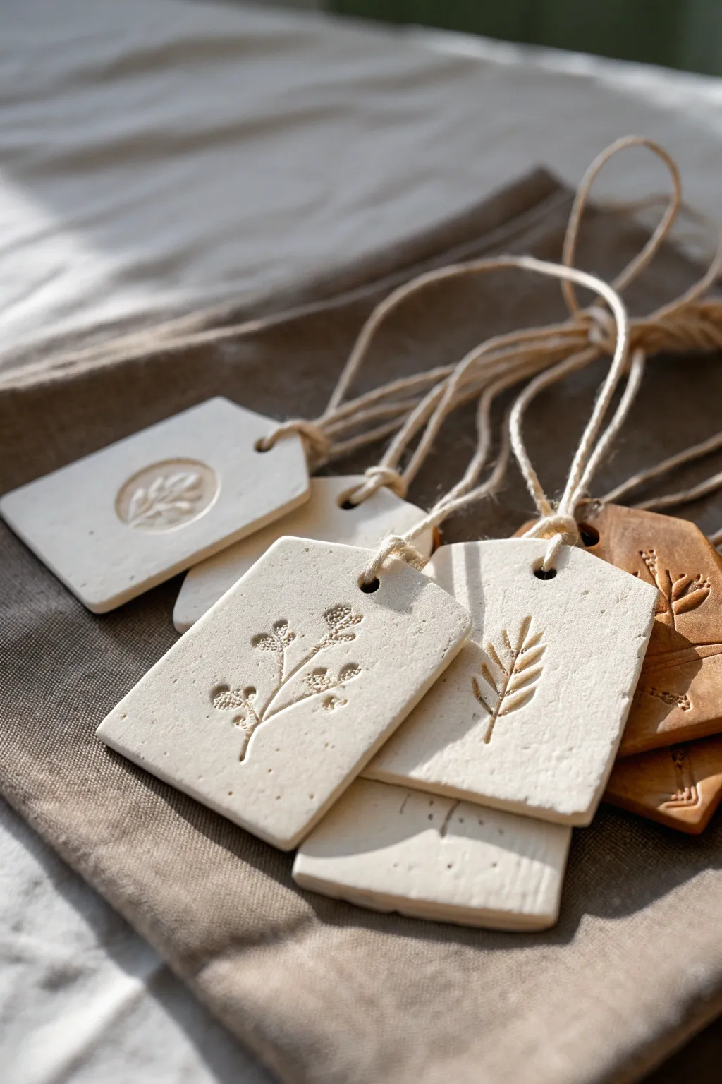 Minimal stamped clay tags tied with linen string, perfect for gifts and pantry jars.