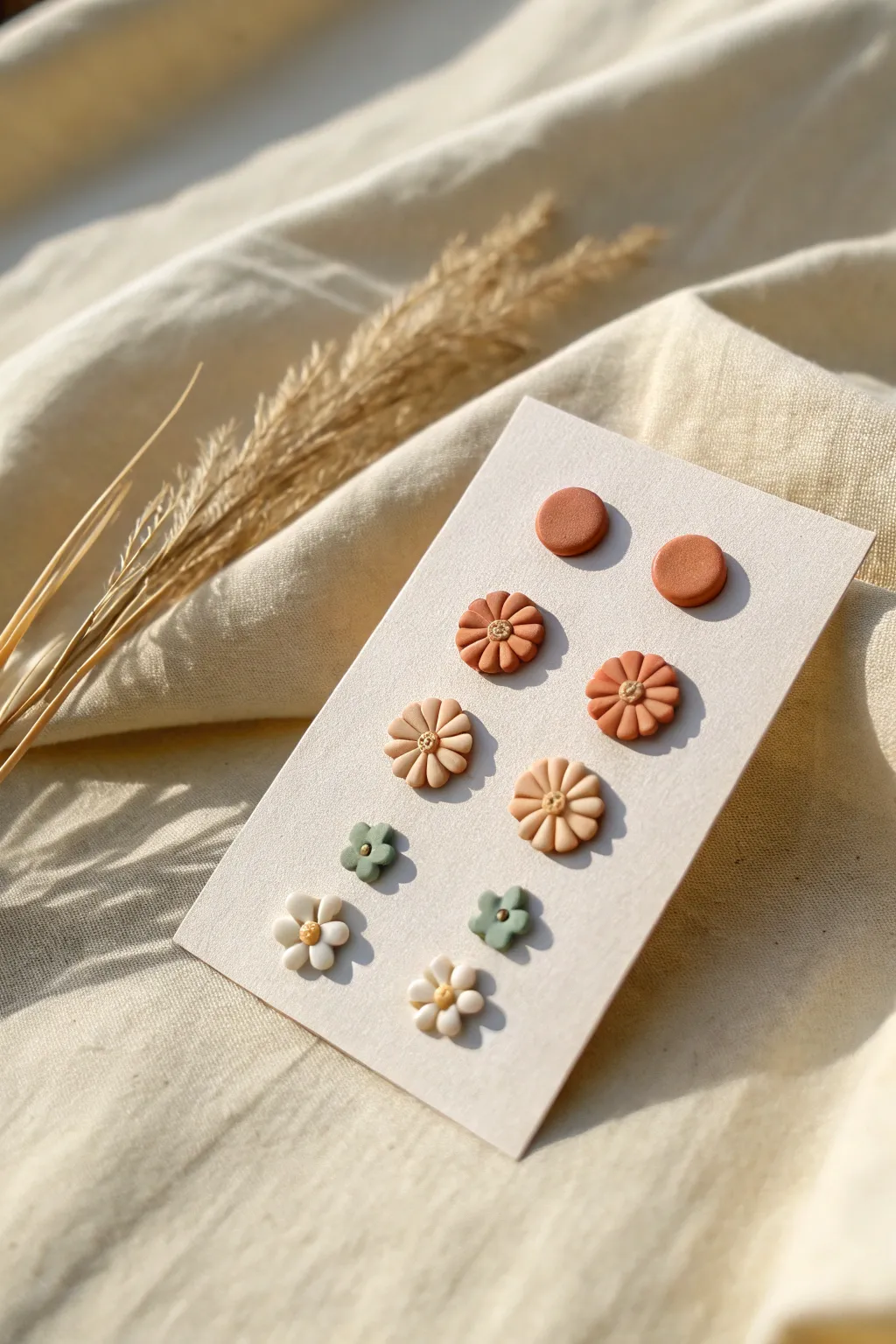 Beginner-friendly mini clay stud shapes, neatly displayed for Scandinavian boho style.