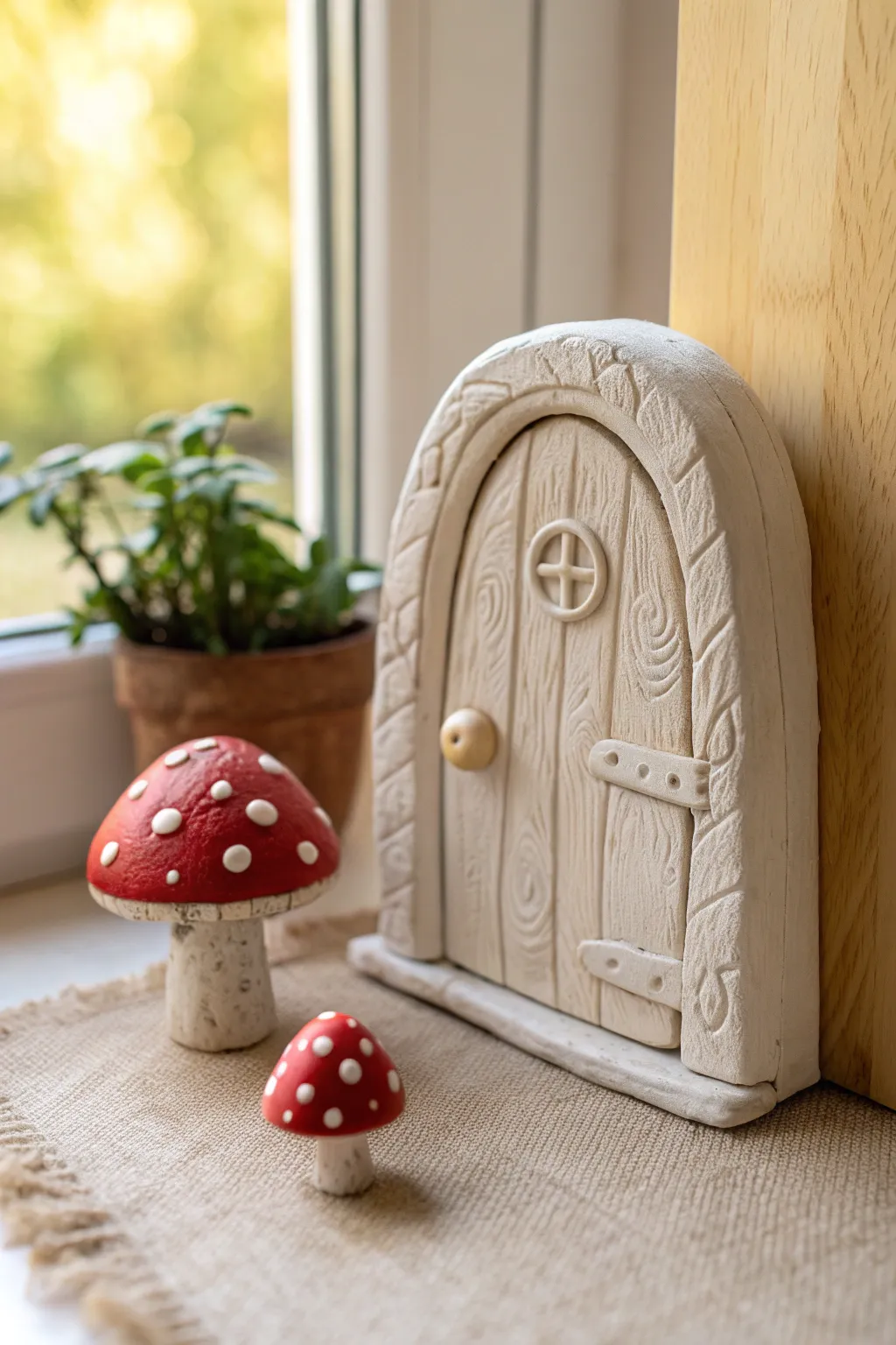 Chunky fairy door tile with red gnome mushrooms, a cute kid-friendly clay mini to display.