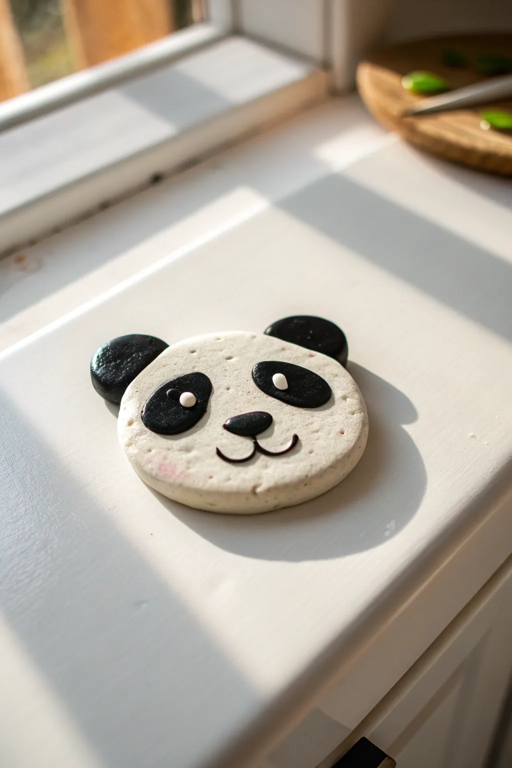 Minimal panda face clay magnet with bold contrast and a sweet, simple handmade look