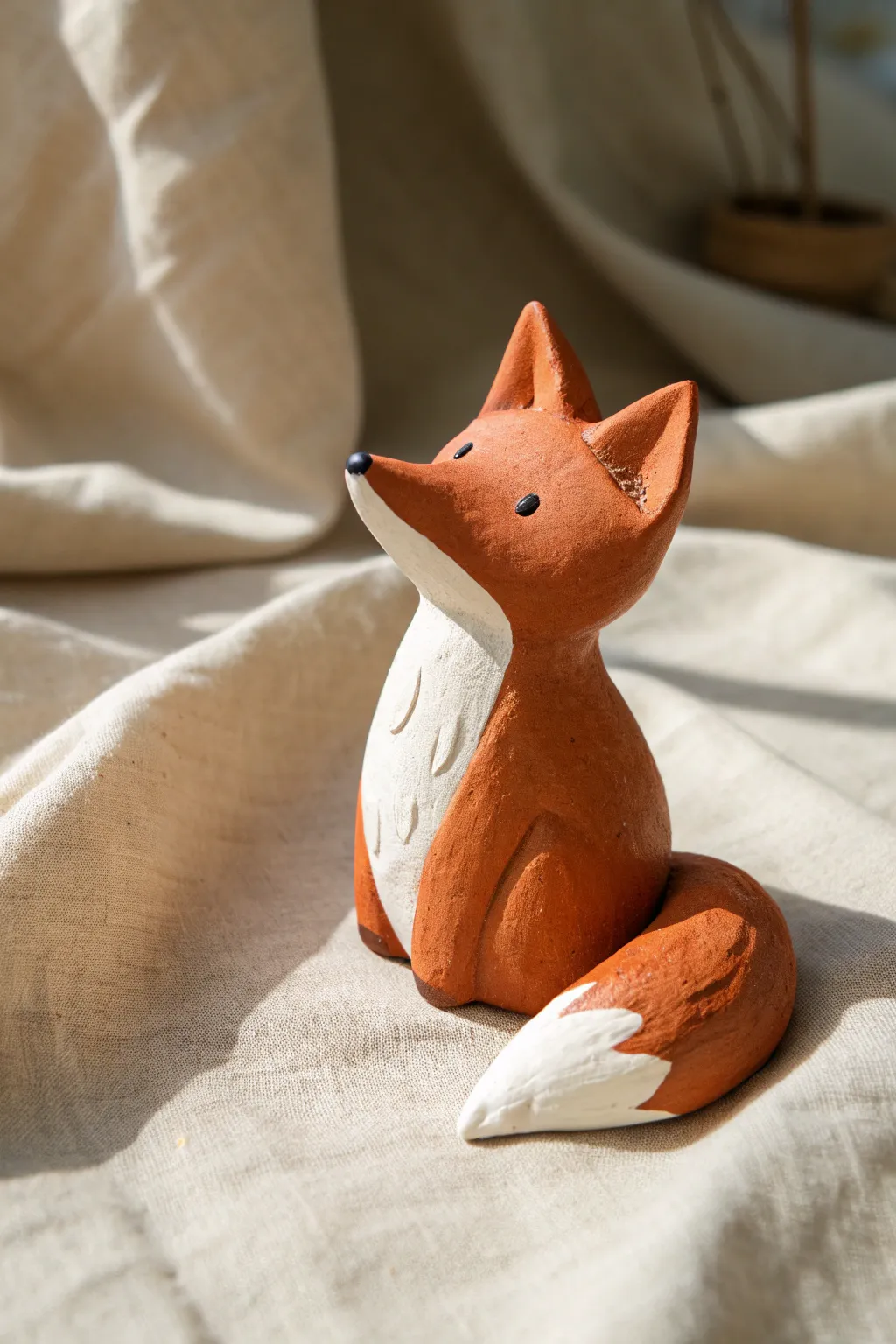 Simple mini clay fox with a curled tail in warm tones, perfect for a quick beginner sculpture