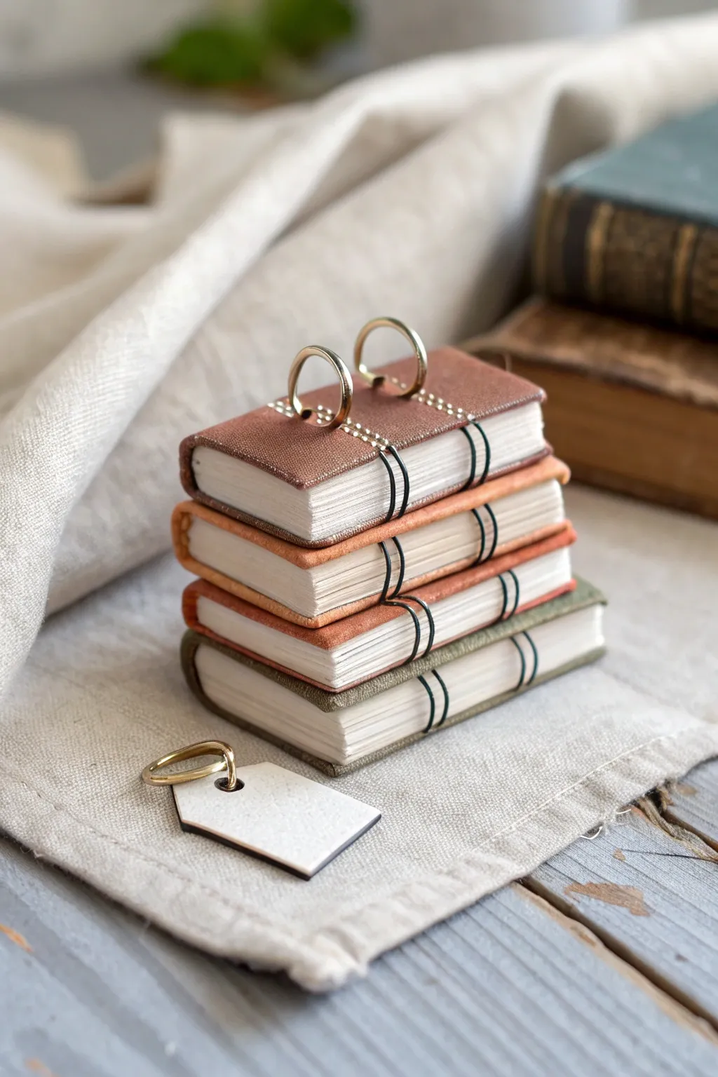 Tiny polymer clay book charms stacked like a mini library, minimalist and sweet for keychains.