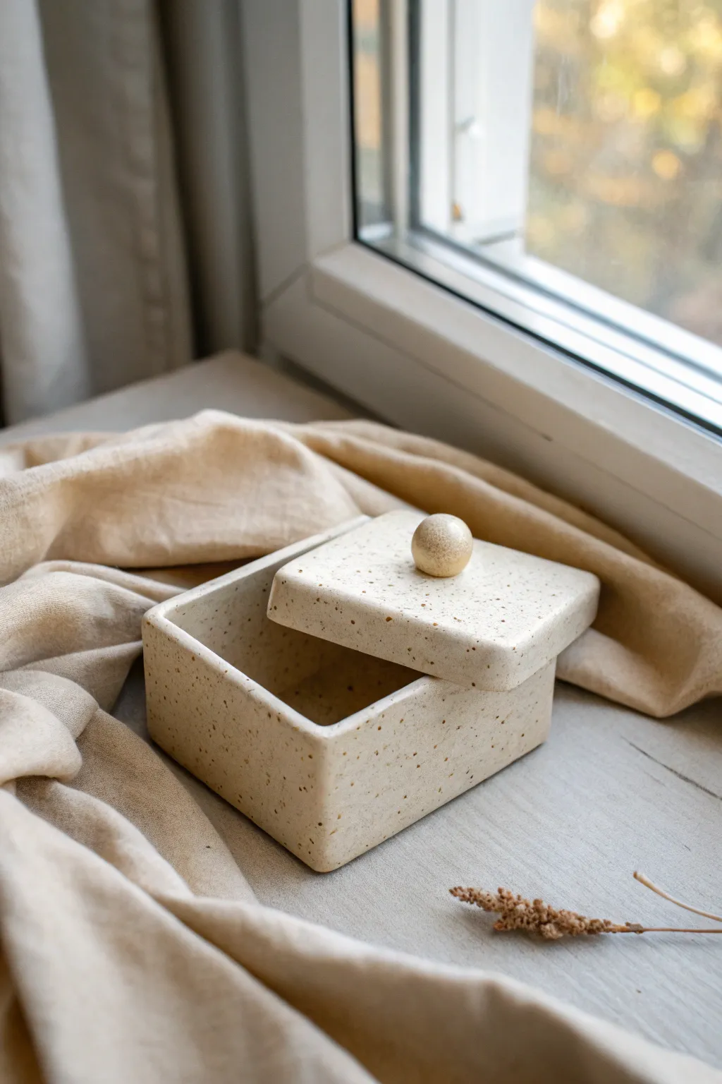 Matchbox-size lidded clay keepsake box, slightly open on linen for a cozy minimalist look