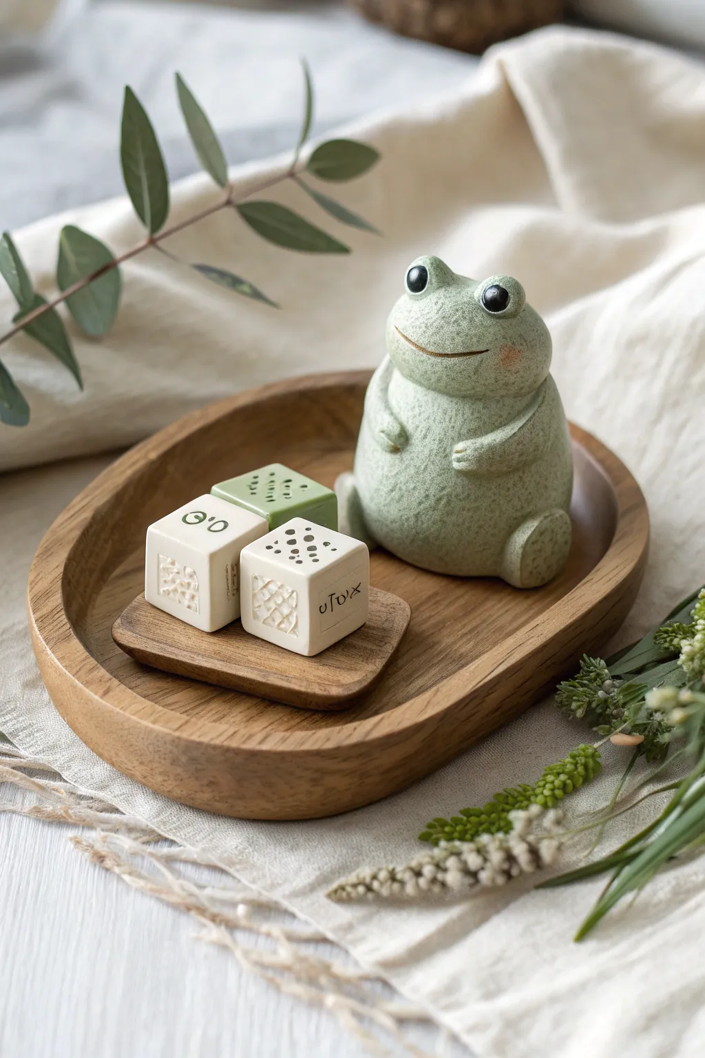 Mini calendar critter blocks: a tiny clay desk buddy with date cubes in soft Scandinavian boho style