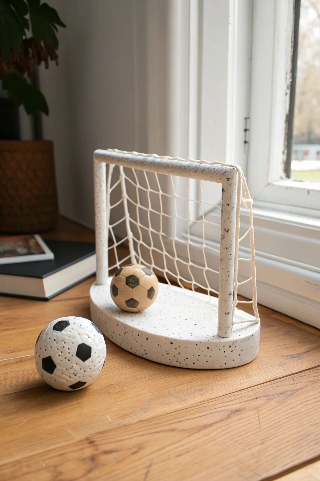 Mini clay soccer goal and ball desk trophy decor with Scandinavian minimal style and soft boho warmth