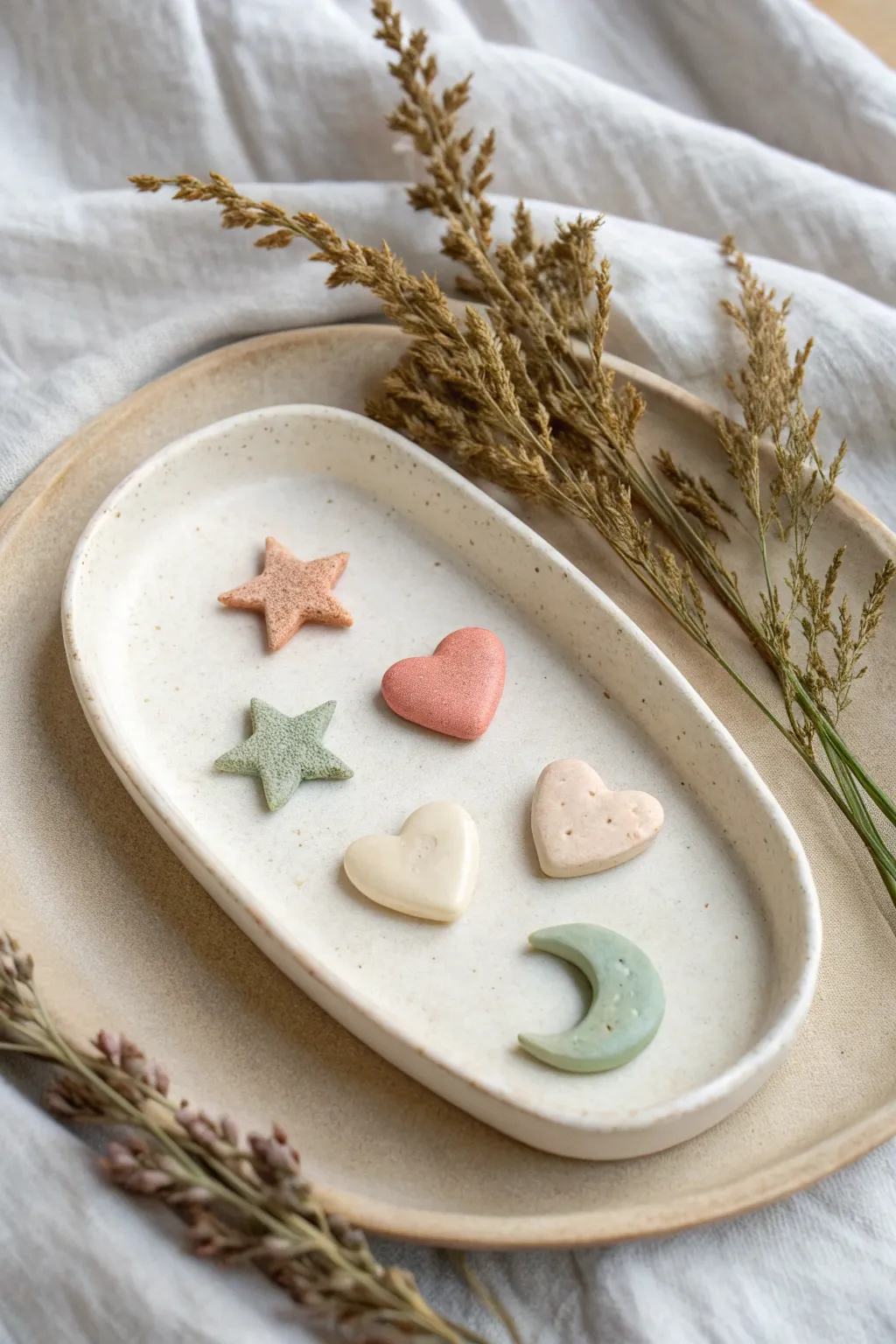 A tiny air dry clay pocket shrine with pastel lucky charms, simple, soothing, and handmade.