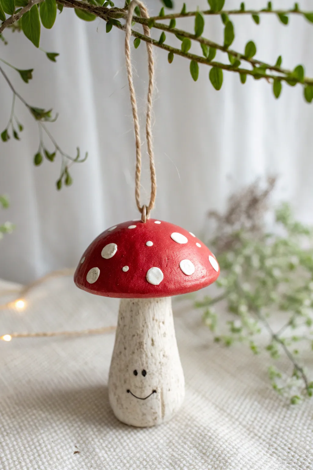 Sweet polka dot clay mushroom ornament with a smiling face, simple, cozy and kid-friendly