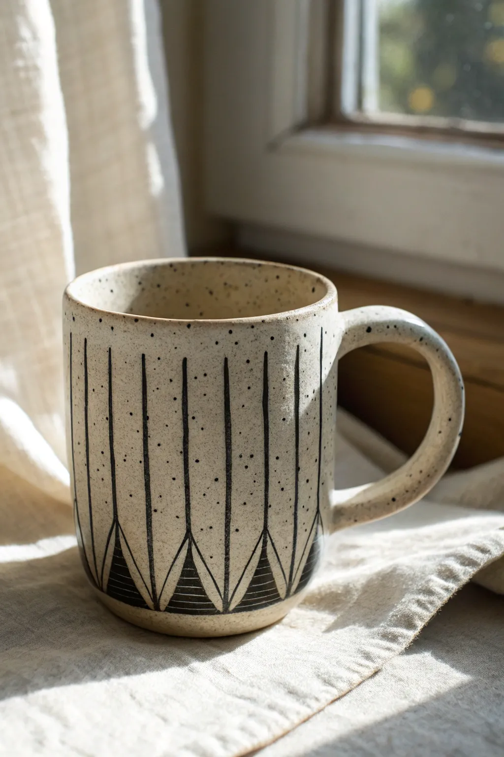 Minimal Mishima inlay stripes on a soft-slab mug, bold contrast and calm Scandinavian style.