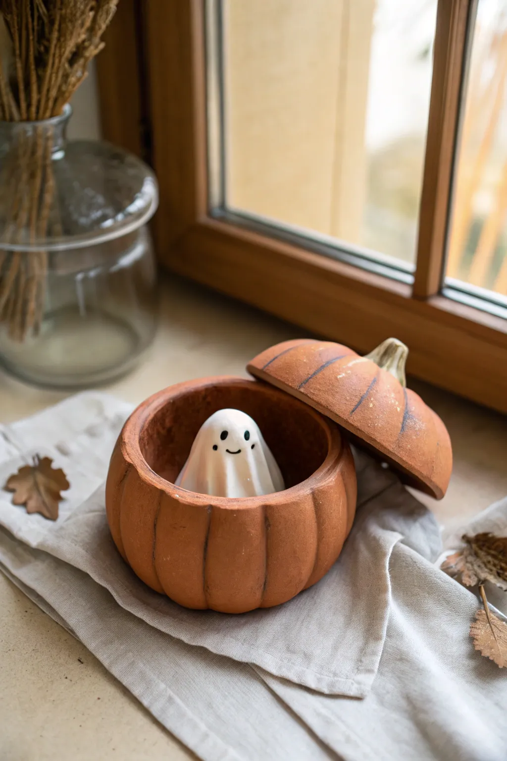 A sweet sheet ghost peeking from a terracotta pumpkin diorama, minimalist and cozy-spooky.
