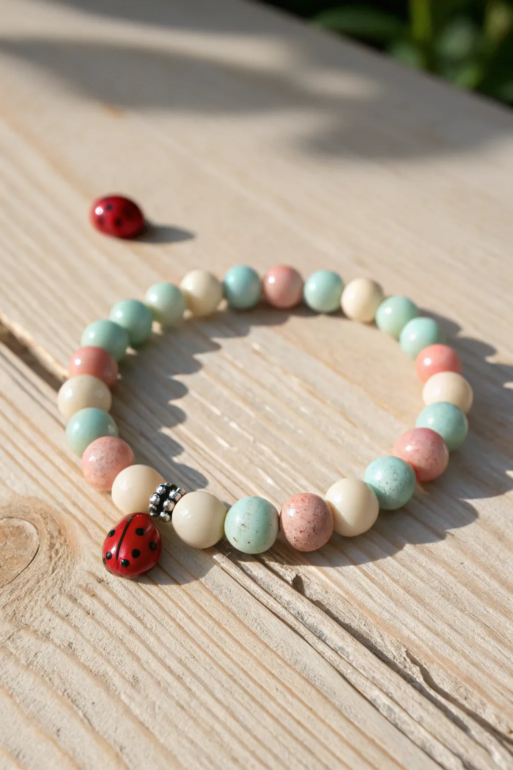 Pastel clay bead bracelet with tiny ladybug red-and-black accents for a fresh spring look