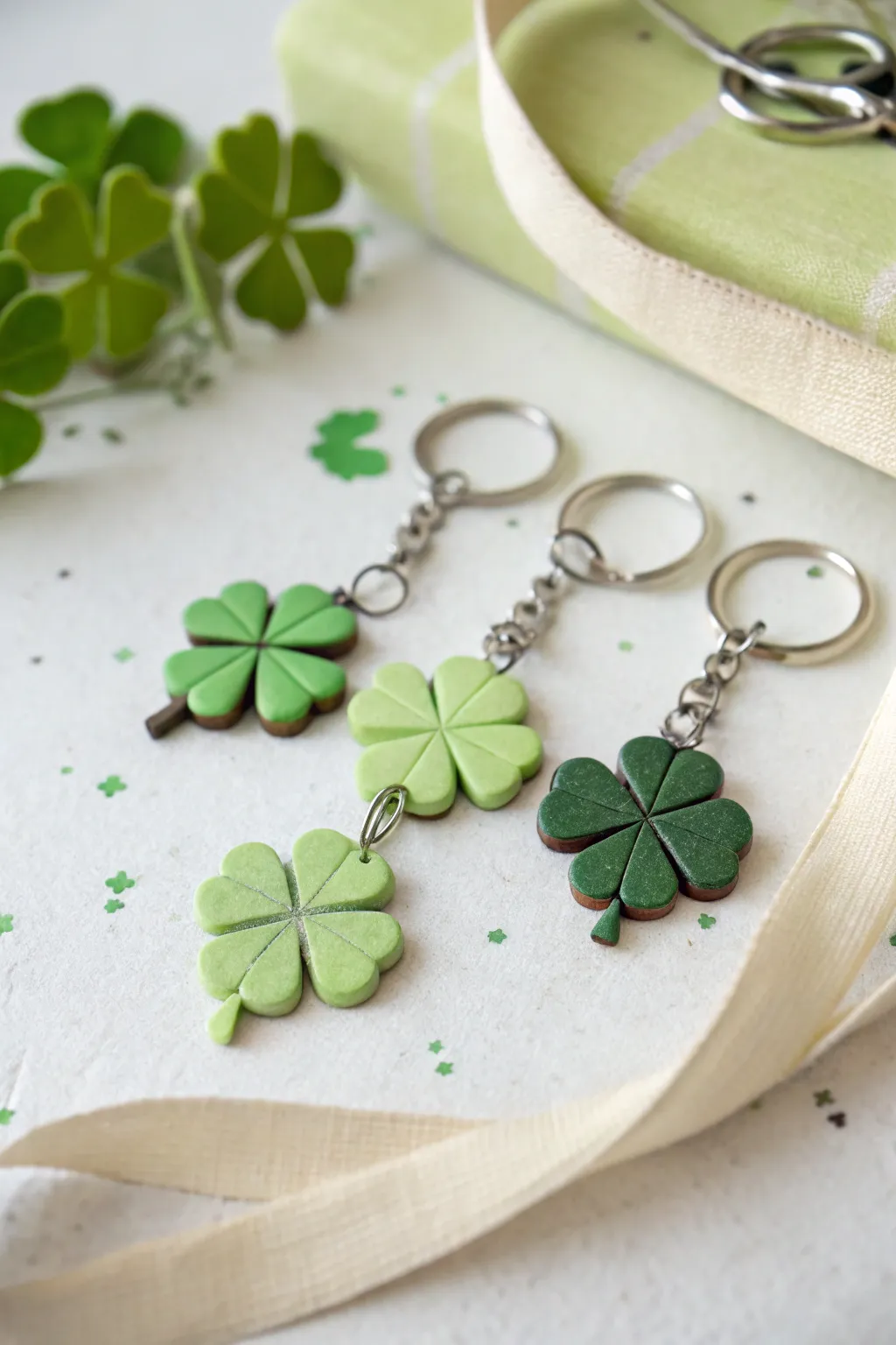 Fresh green four leaf clover clay charms styled with linen ribbon, perfect spring pottery inspiration.