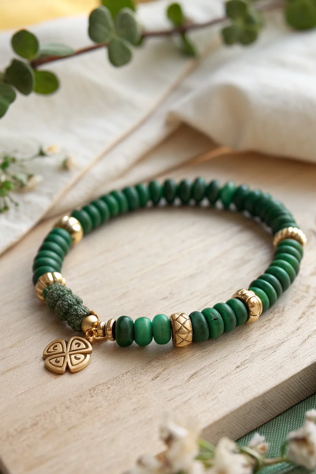 Deep green heishi bracelet with white and gold pattern breaks for an easy Celtic knot vibe