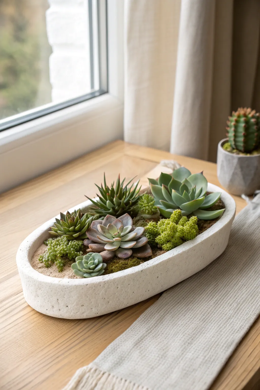 Minimal air-dry clay tray with faux succulents and a mossy top layer for effortless decor