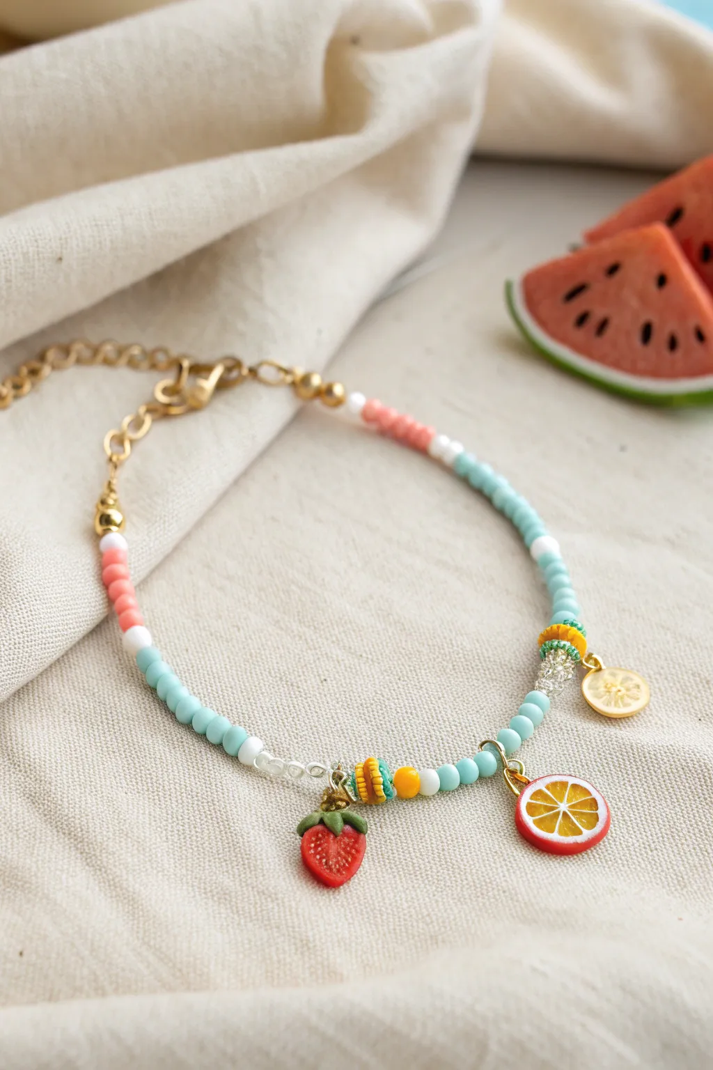 Bright heishi bead anklet with a tiny fruit charm cluster, styled for an effortless summer vibe.