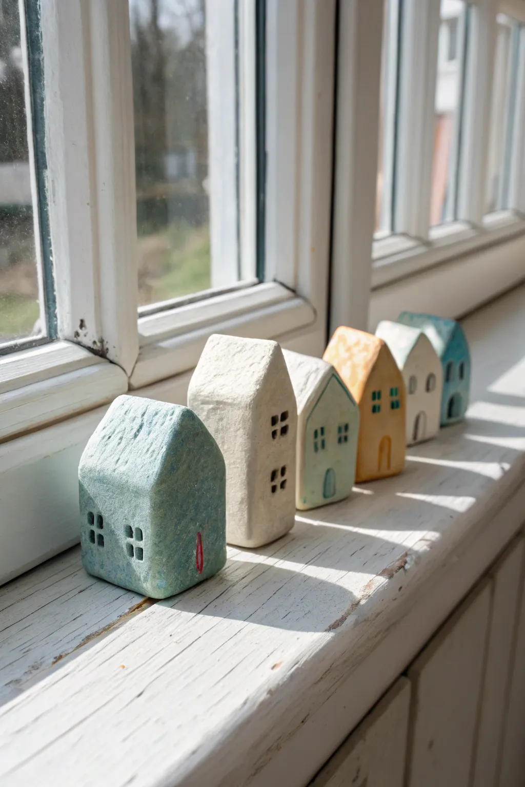 Mini coastal clay houses in soft blues and whites, styled on a sunny windowsill