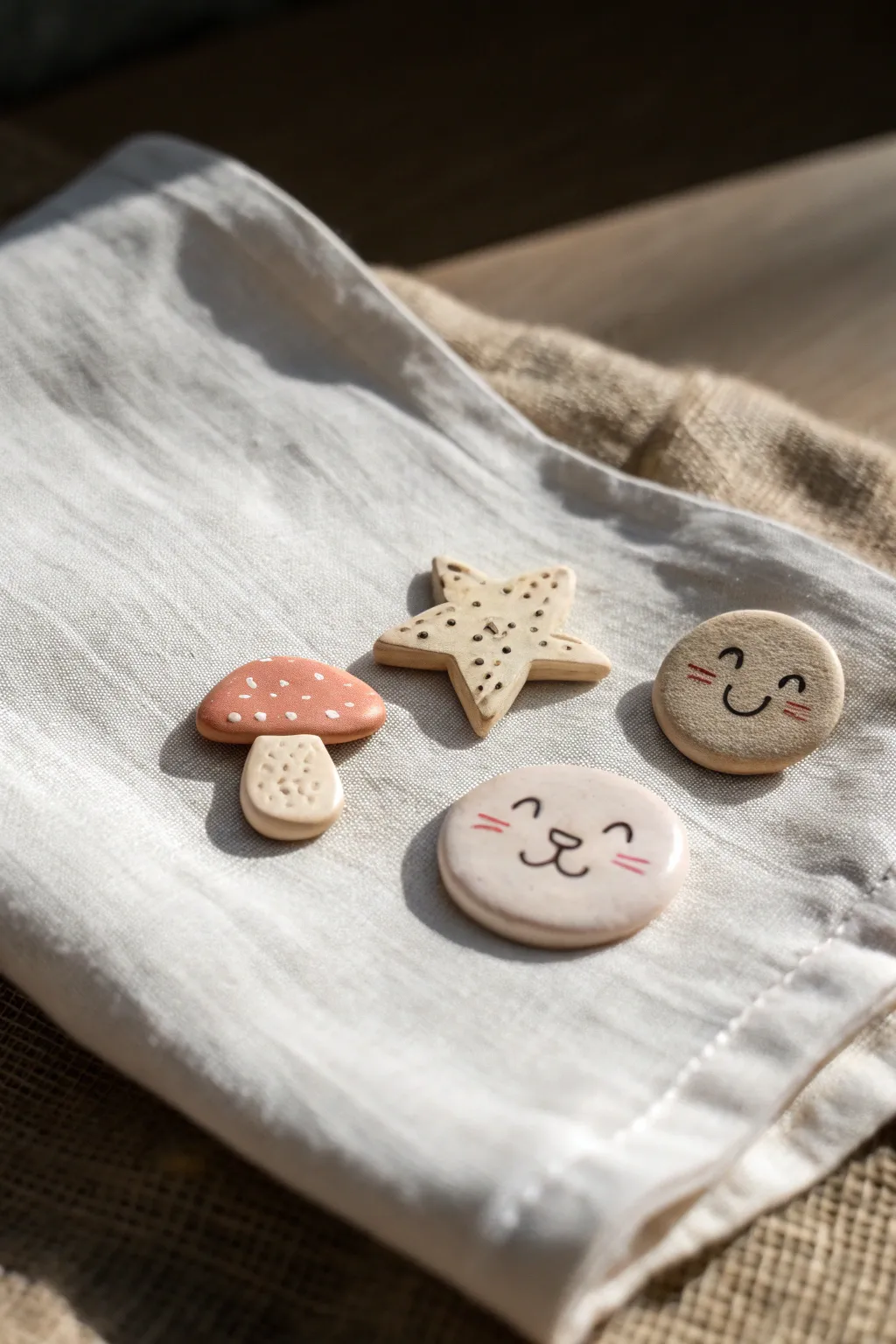 Featherlight clay pins on linen, bold mushroom, star, and kitty charms in soft Nordic tones.