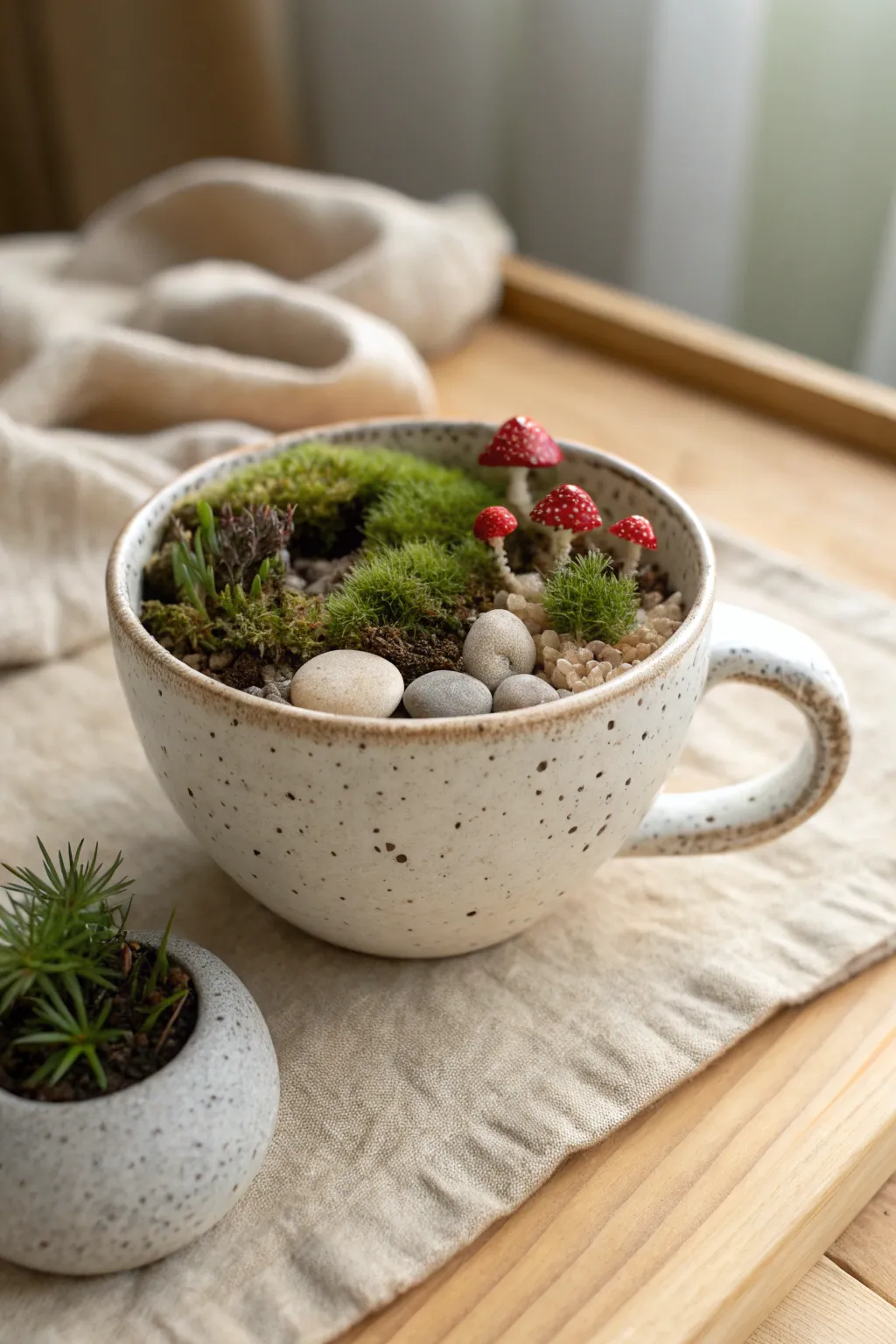 Mini teacup fairy garden diorama with moss, stones, and tiny mushrooms in a calm Nordic style