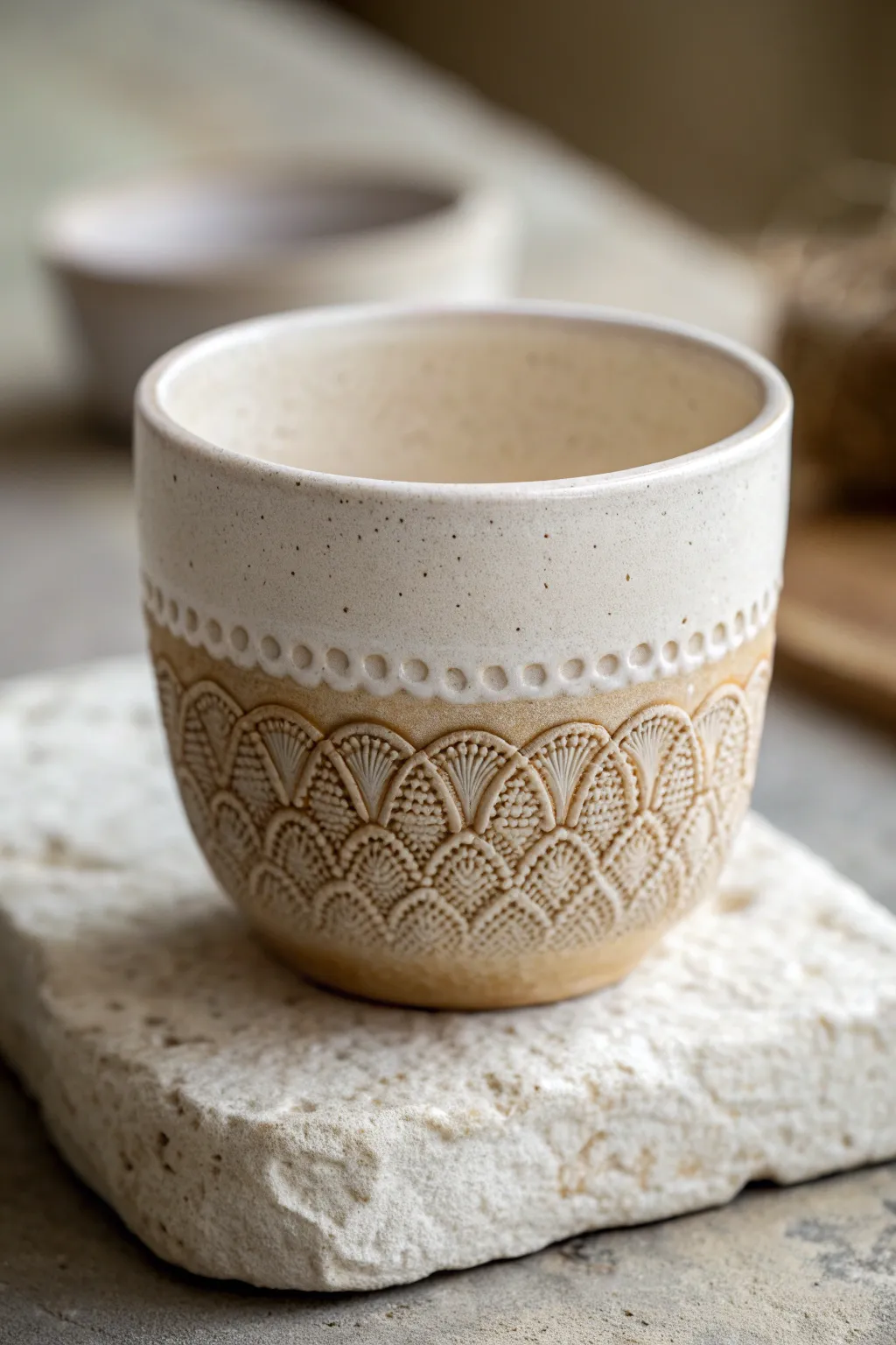 Lace-stamped tea cup with a soft pooling glaze, simple, tactile, and beautifully handmade