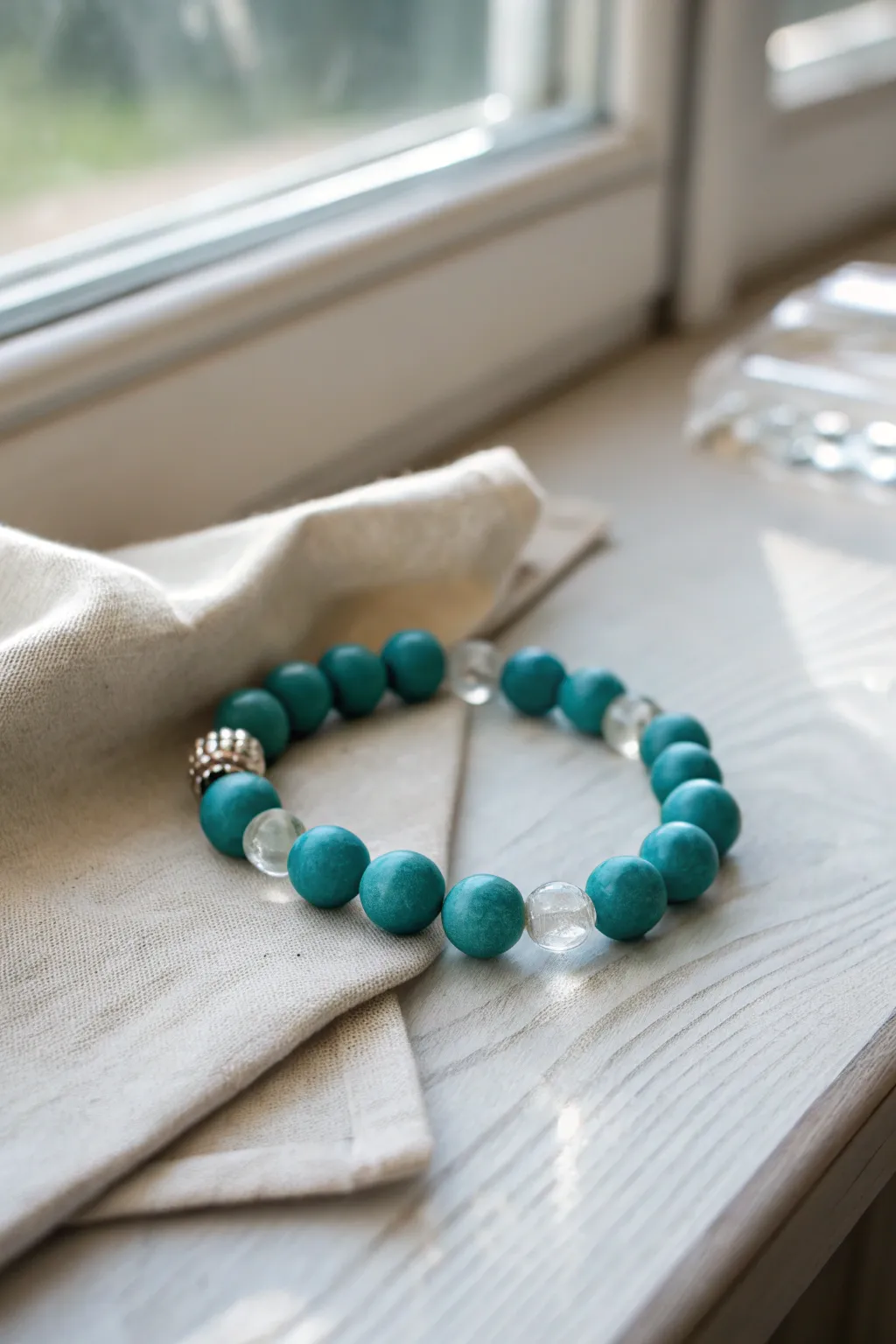 Teal clay beads with translucent accents for a watery shimmer, styled in calm window light.