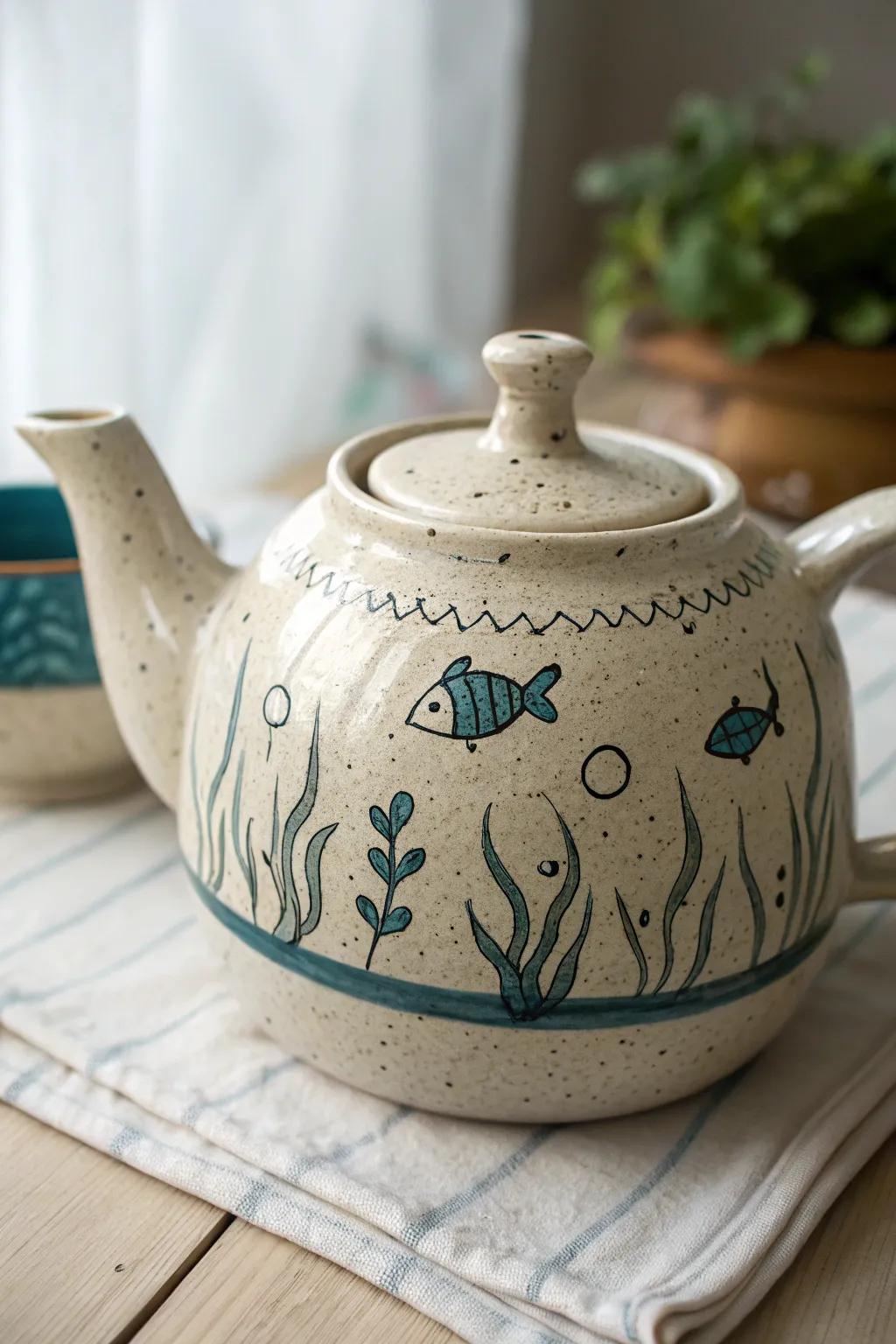 Minimalist teapot with cute fish wraparound scene, bubbles and seaweed for an easy DIY finish