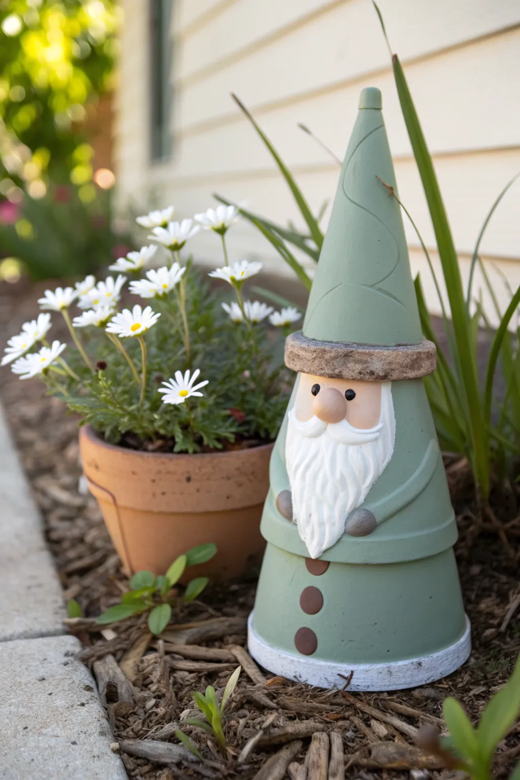 DIY terra cotta pot gnome nestled by blooms, minimalist boho garden charm with warm contrast