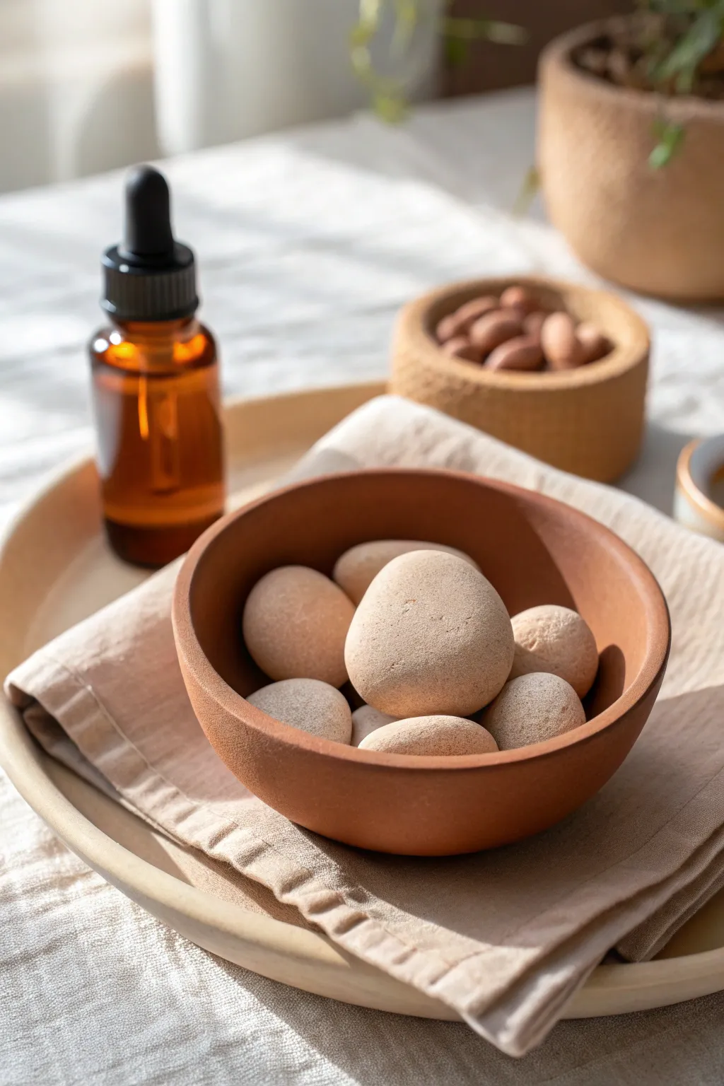 Terracotta diffuser stones in a simple bowl, styled with a tiny dropper bottle in soft light